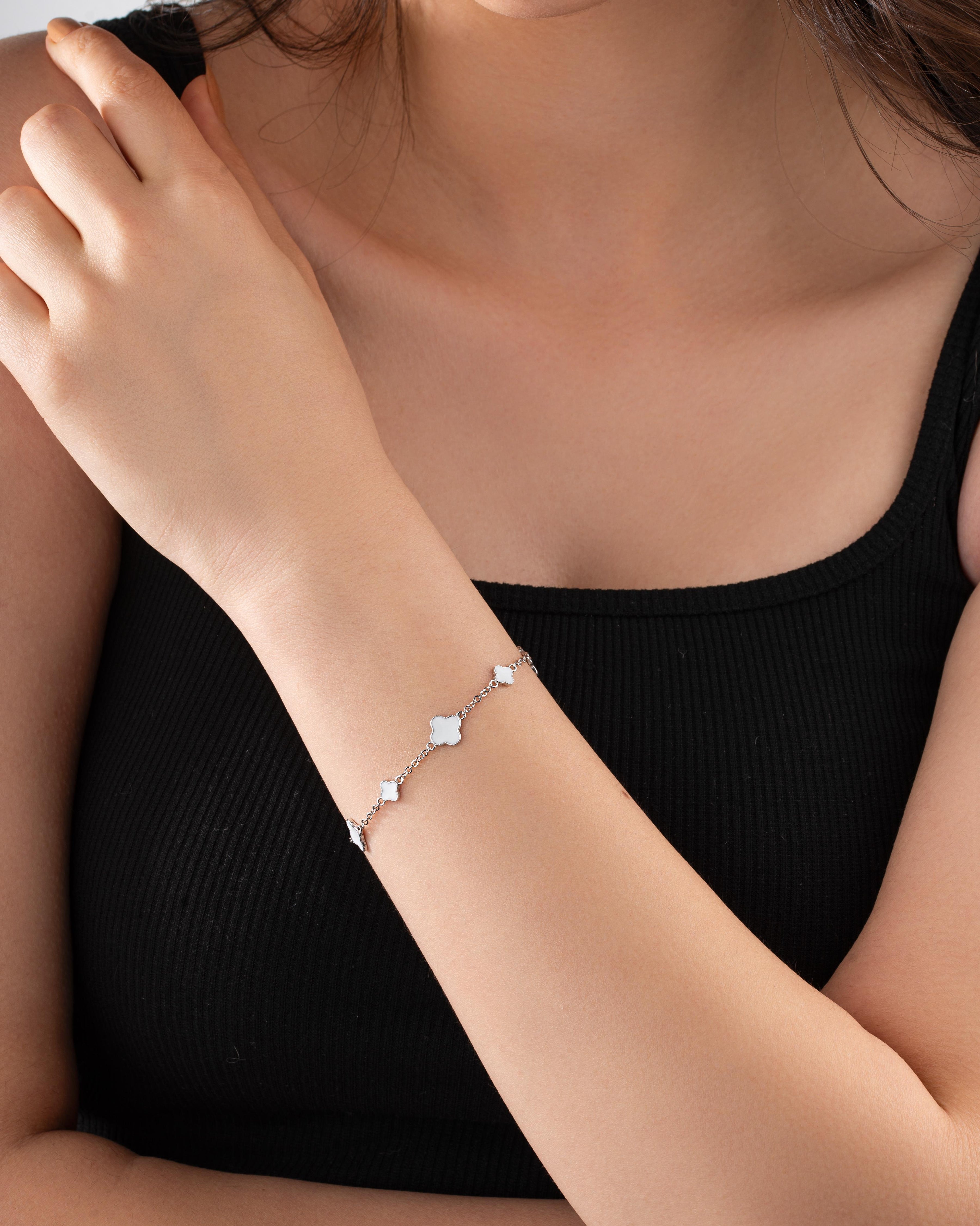 White Enamel Clover Charm Bracelet Rhodium Plated Silver