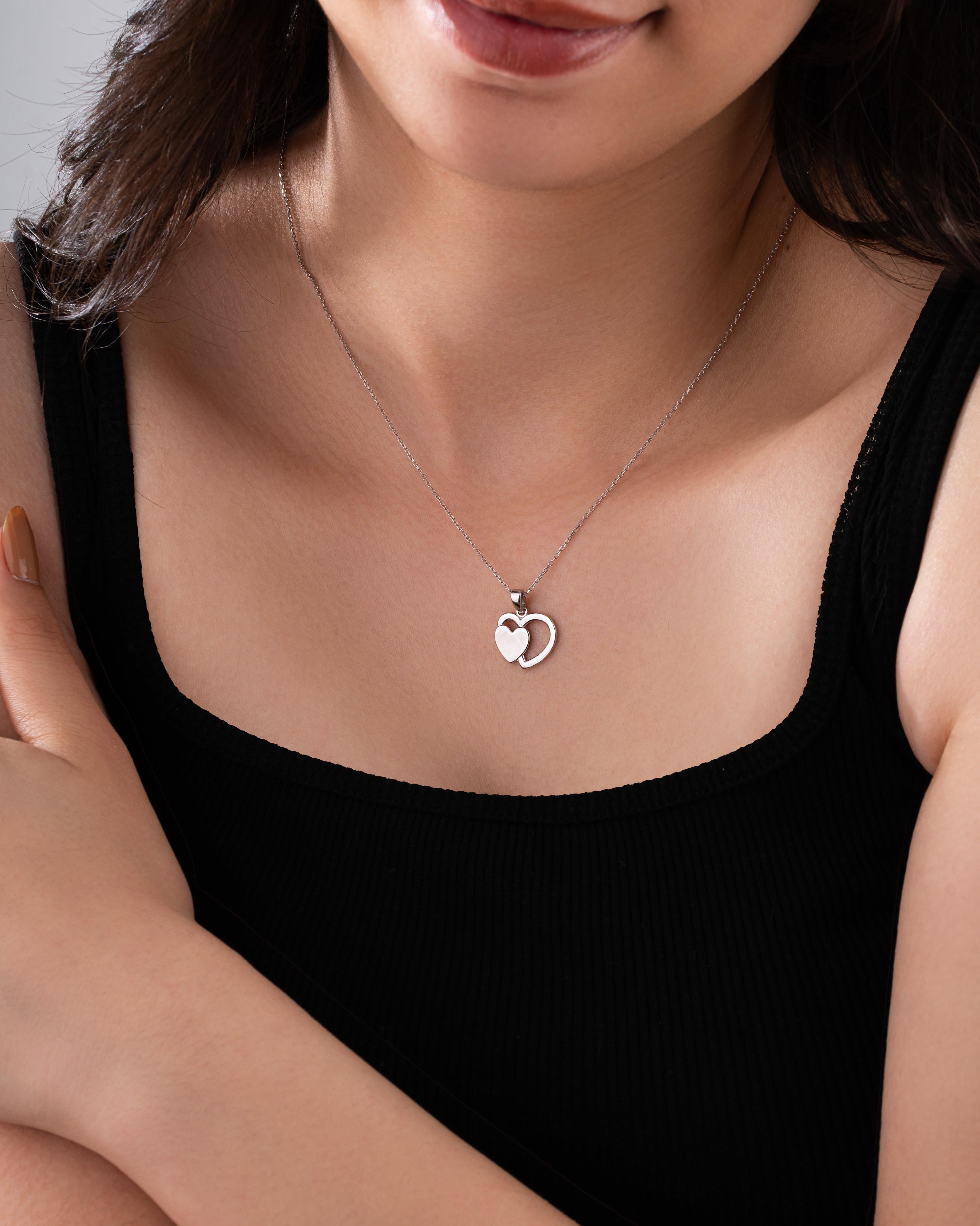 Pair Heart Personalized Customizable Necklace Rhodium Plated Silver
