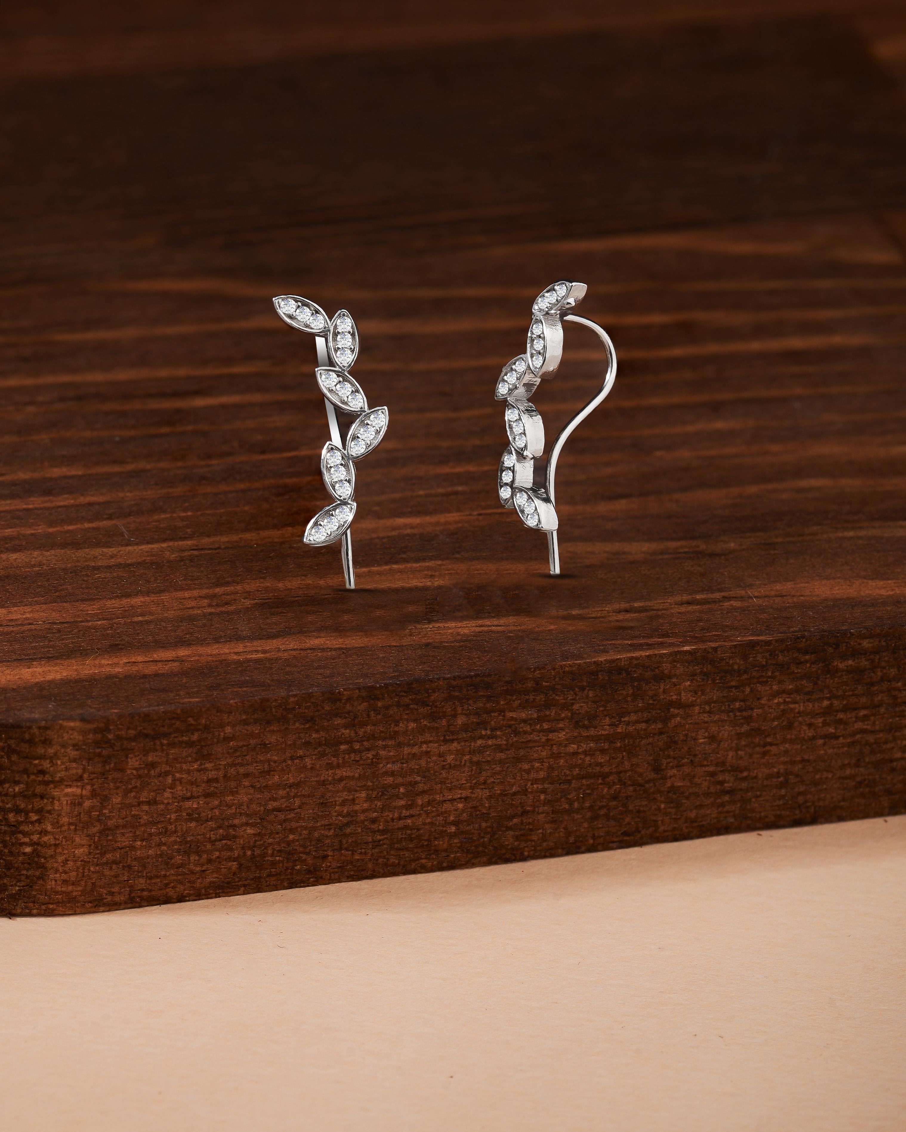 Sprouting Leaf Horizontal Ivy Earrings Rhodium Plated Silver