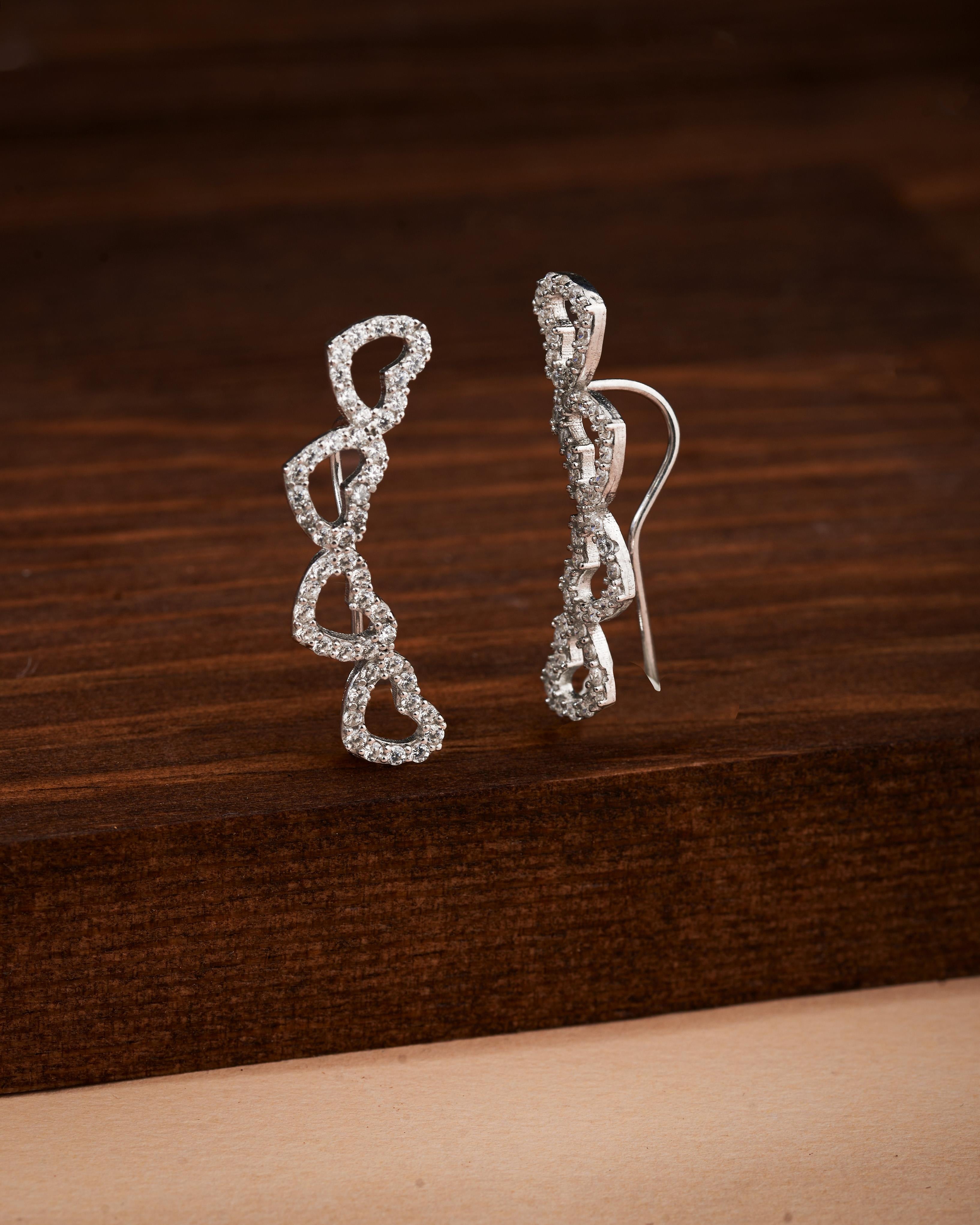 Heart Motif Horizontal Ivy Earrings Rhodium Plated Silver