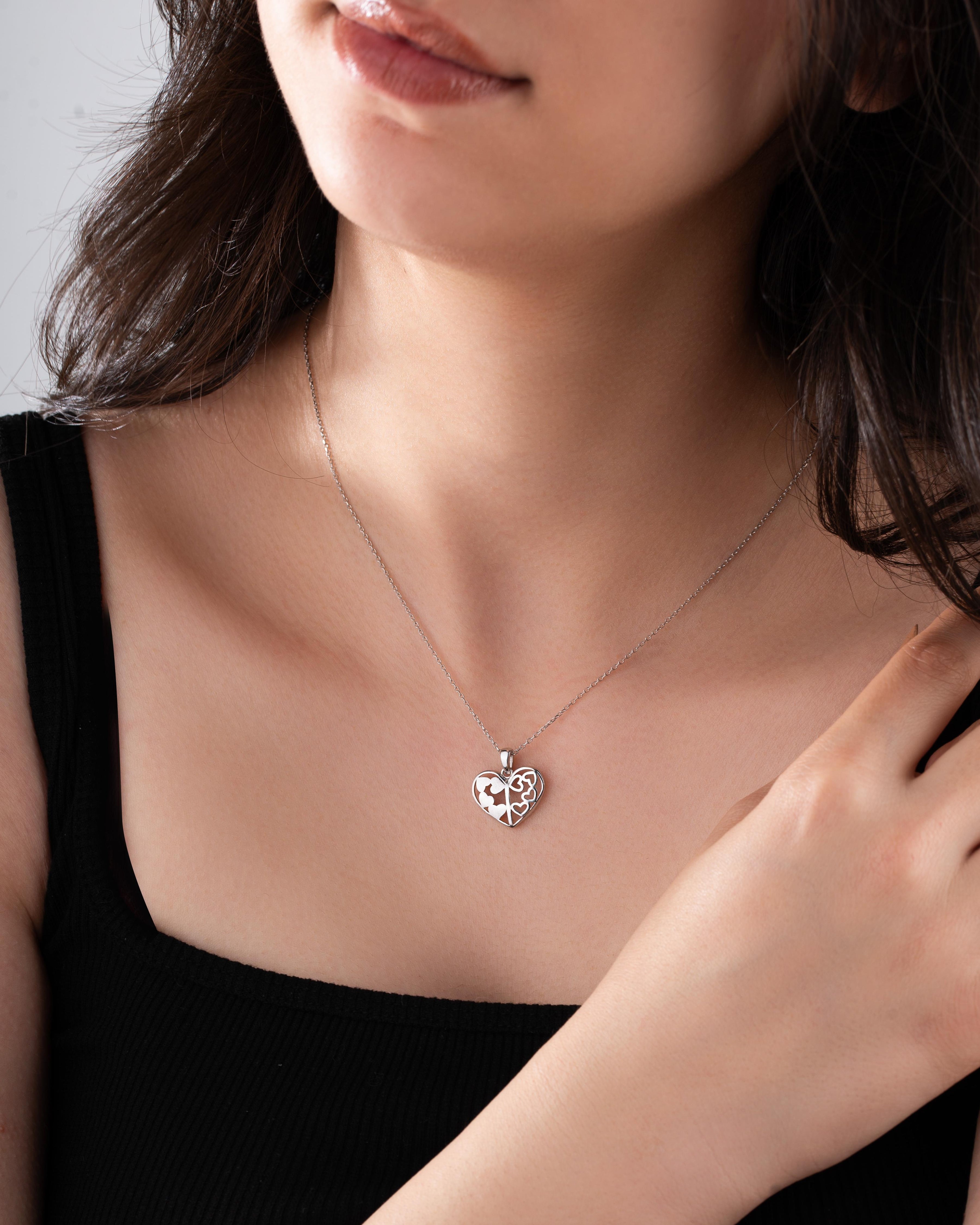 Openwork Two Different Patterned Heart Necklace Rhodium Plated Silver