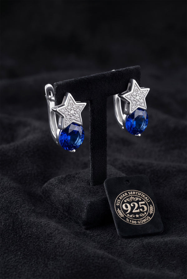 Sapphire Solitaire & Zircon Star Leverbacks | 925 Silver