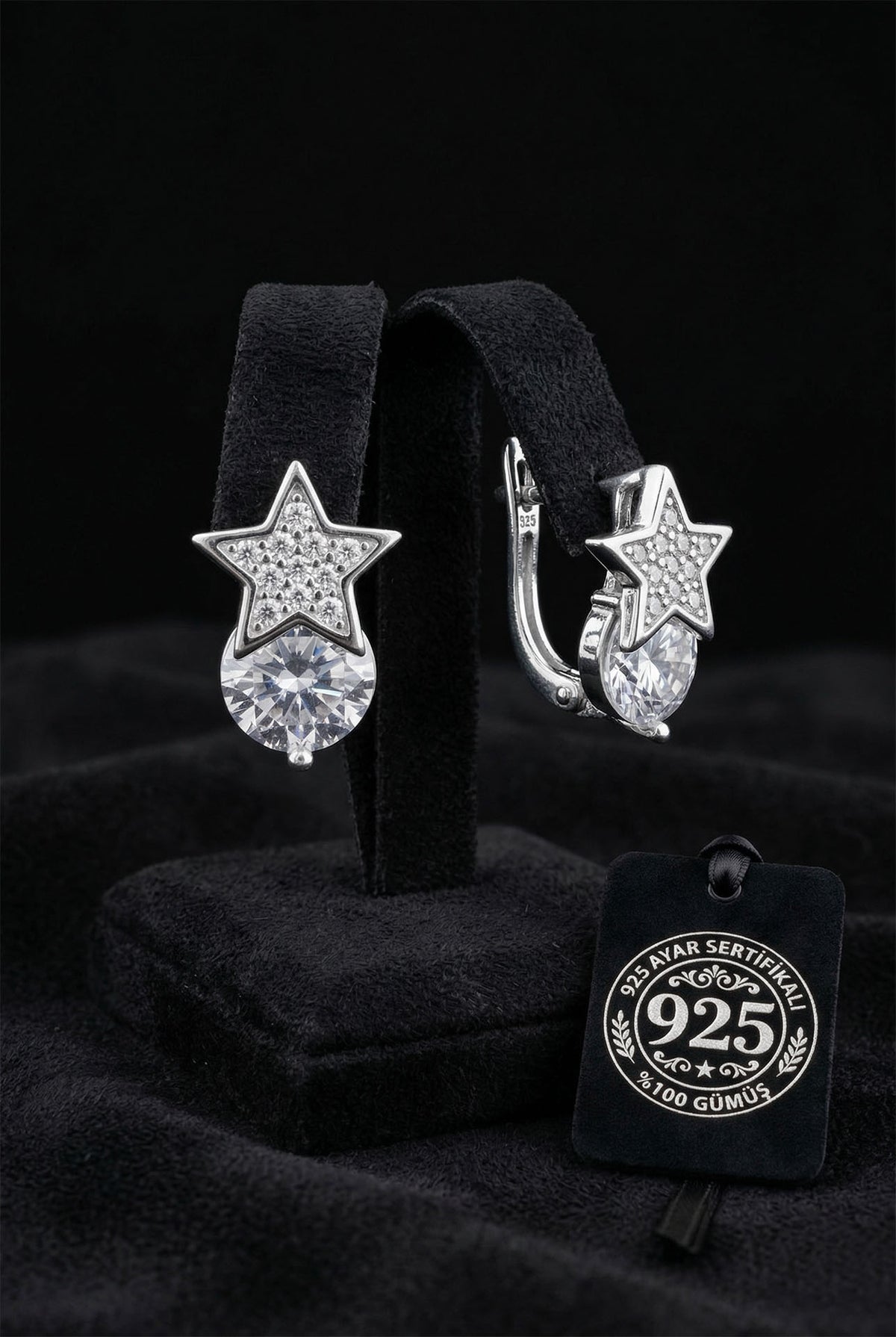 Rhodium Solitaire & Zircon Star Leverbacks in 925 sterling silver