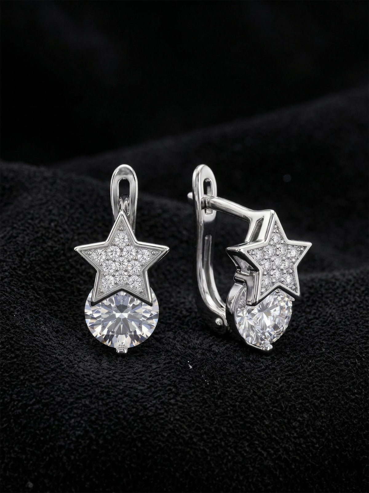 Rhodium Solitaire & Zircon Star Leverbacks in 925 sterling silver - view 3