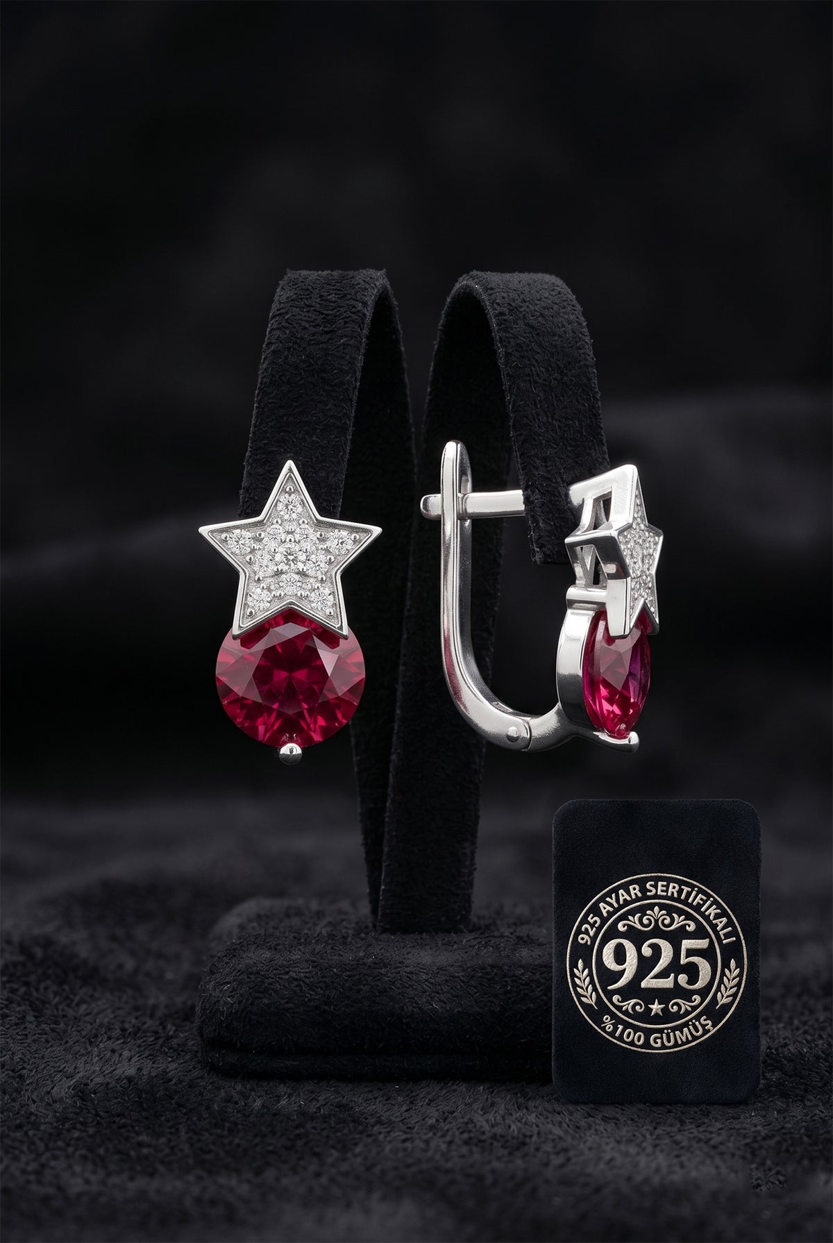 Ruby Red Solitaire & Zircon Star Leverbacks in 925 sterling silver
