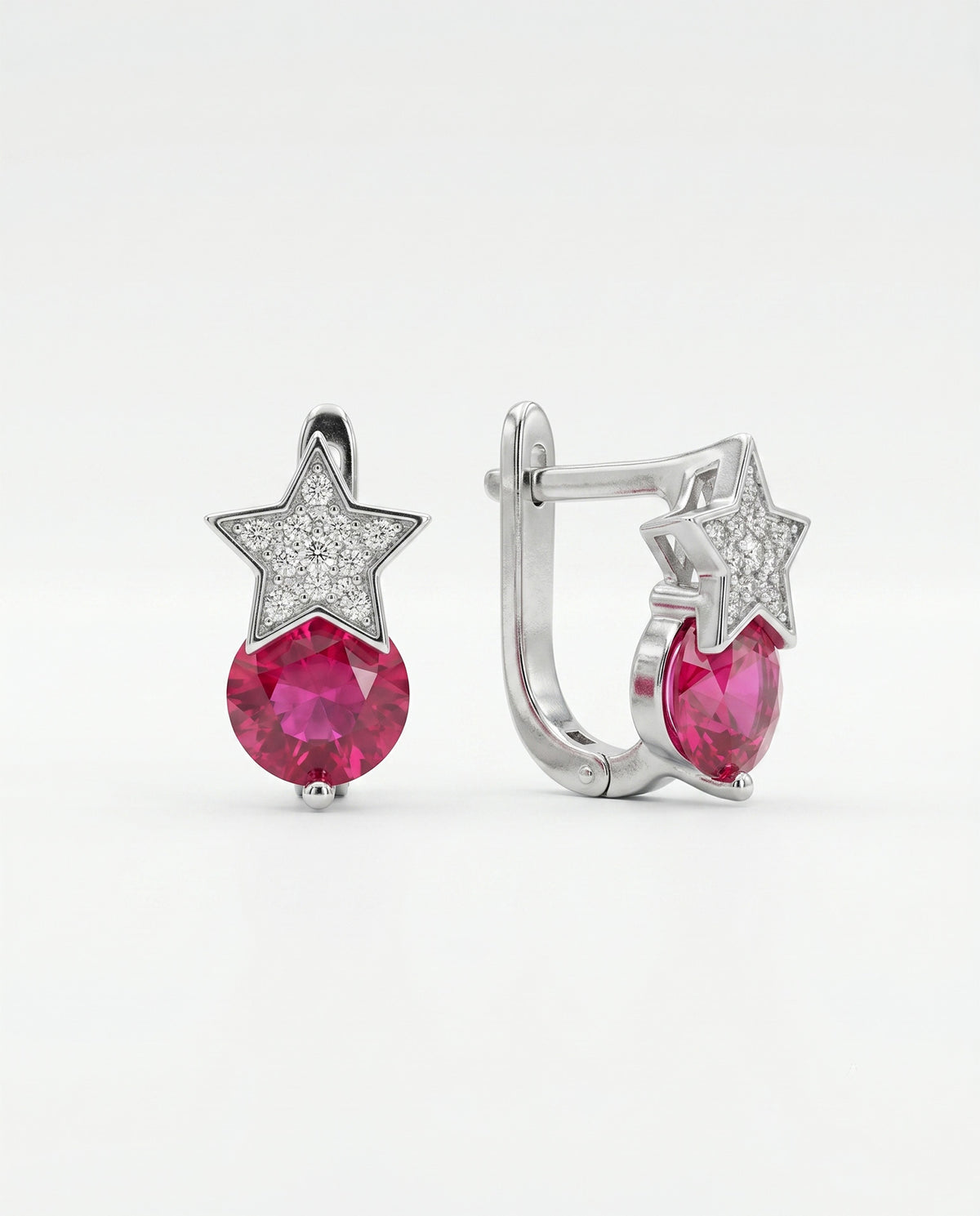 Ruby Red Solitaire & Zircon Star Leverbacks in 925 sterling silver - view 3