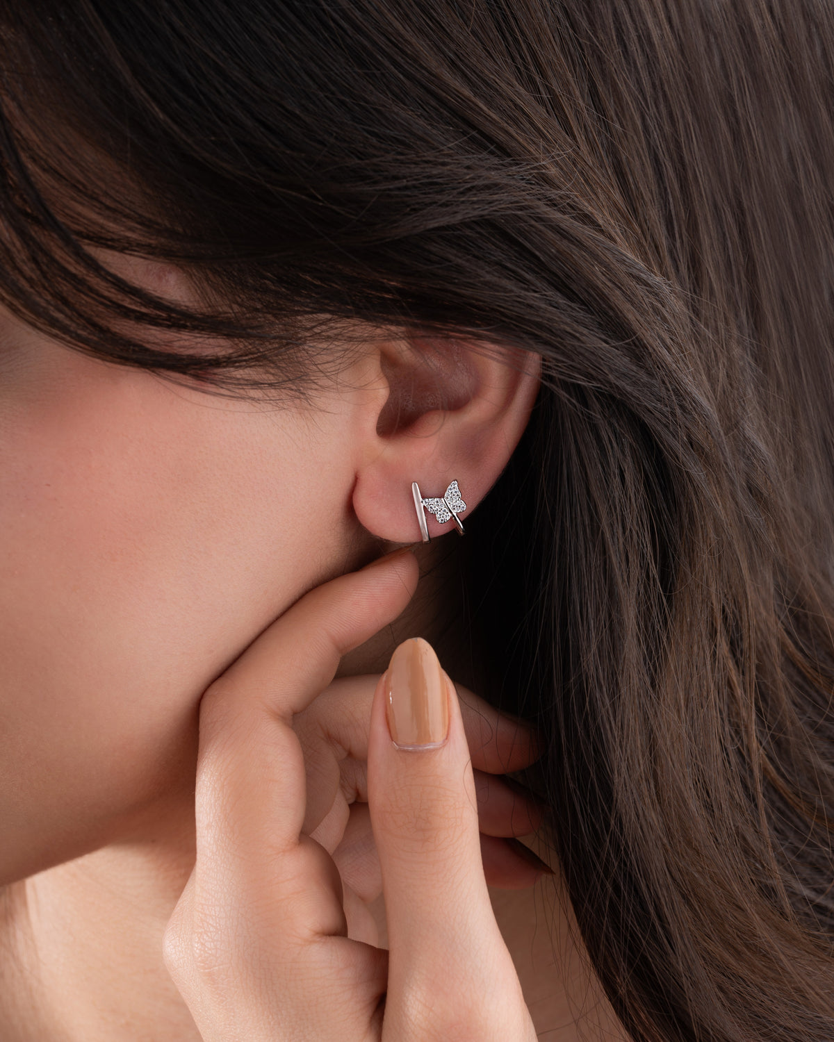 Butterfly Double Piercing Look Zircon Studs in 925 sterling silver - view 2