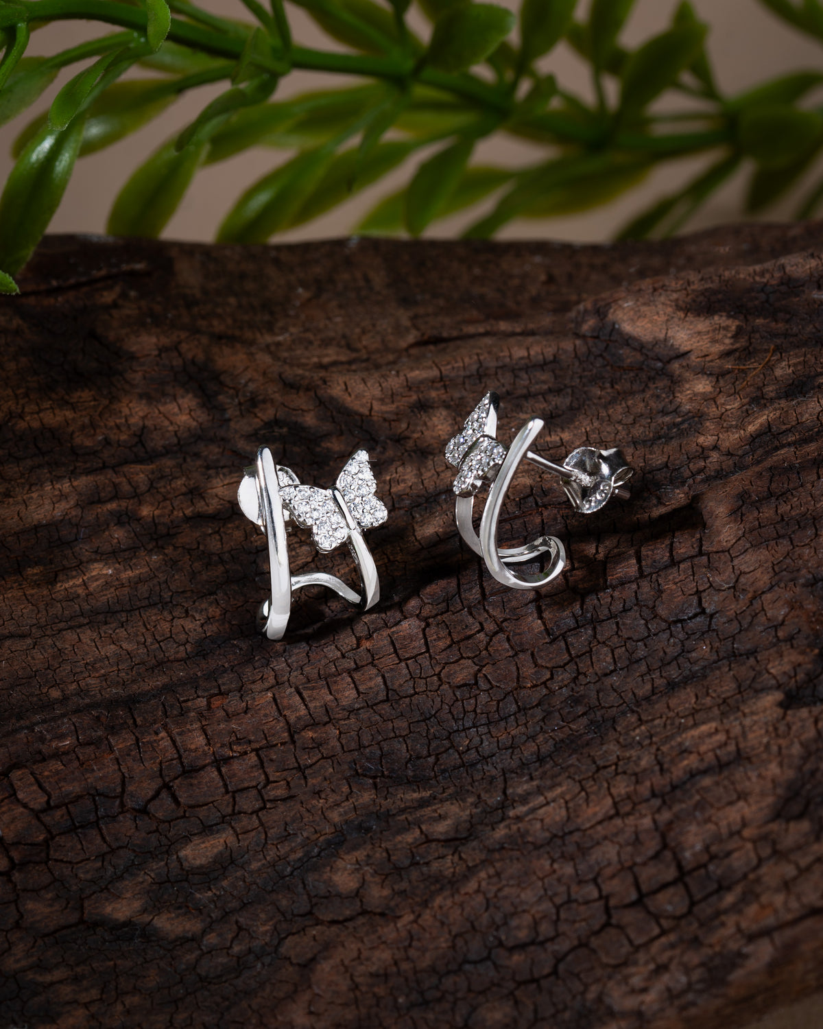 Butterfly Double Piercing Look Zircon Studs in 925 sterling silver - view 3