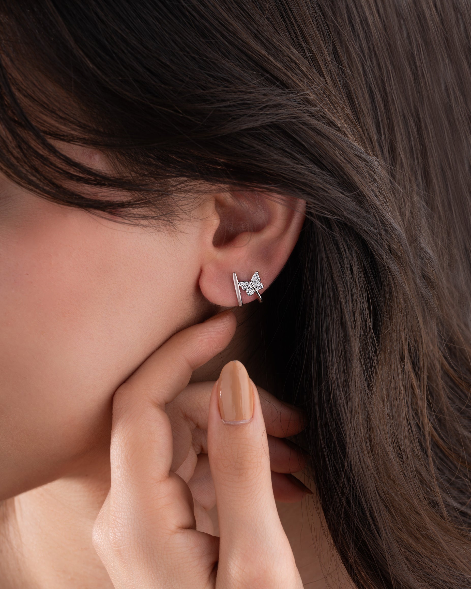 Butterfly Motif Piercing Look Stud Reversible Earrings Rhodium Plated Silver