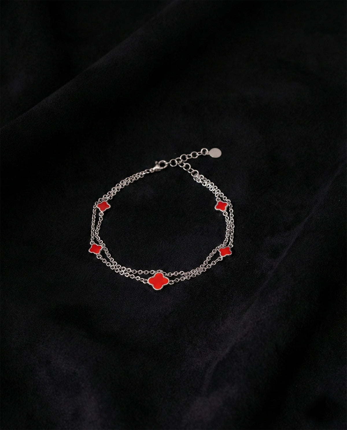 Red Enamel Double Chain Clover Bracelet in 925 sterling silver