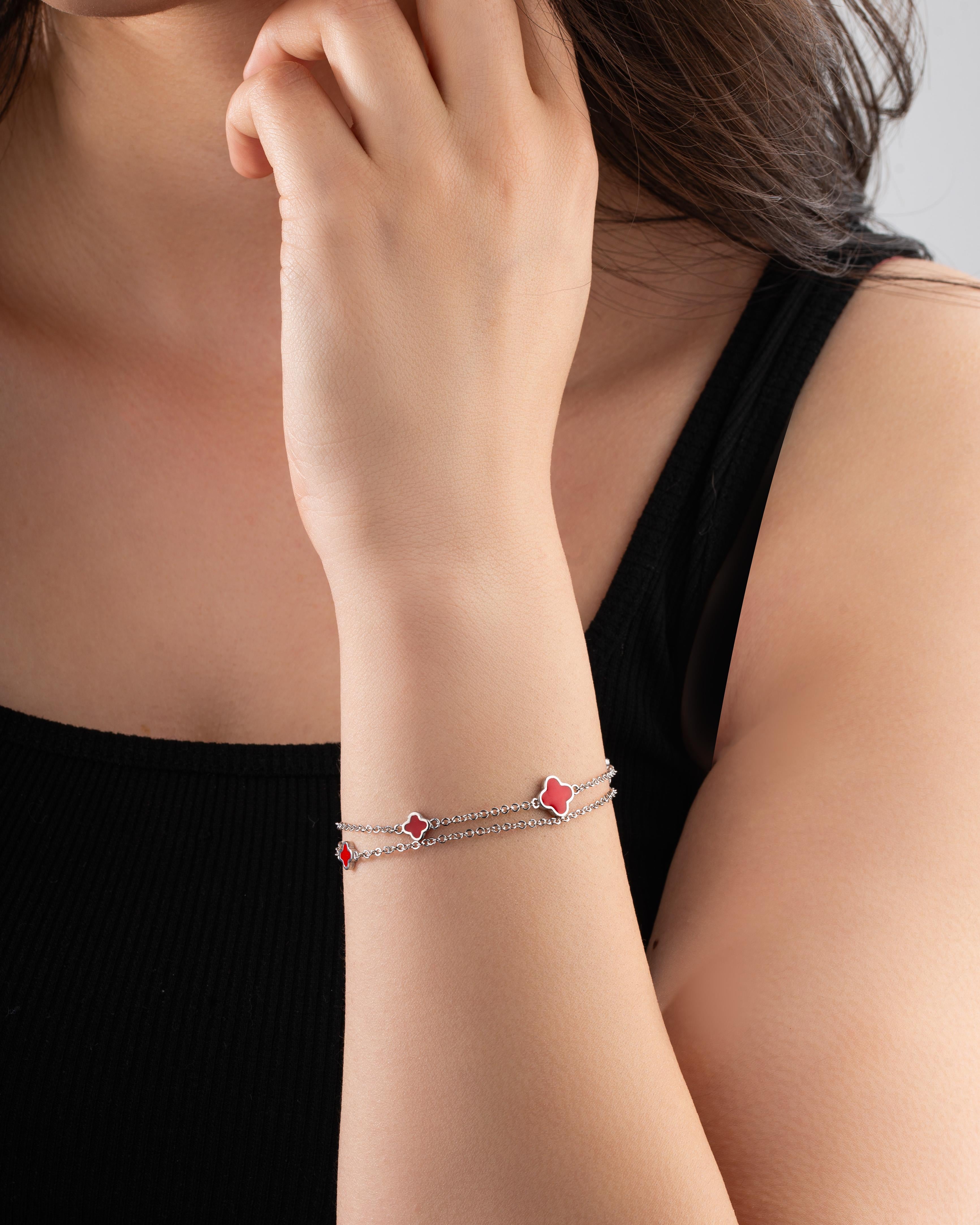 Red Enamel Two Row Clover Charm Bracelet Rhodium Plated Silver
