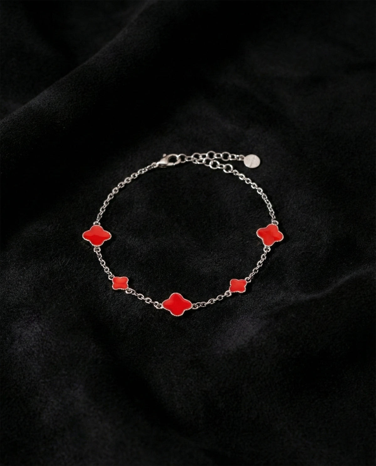 Rhodium Red Enameled Clover Charm Bracelet | 925 Silver