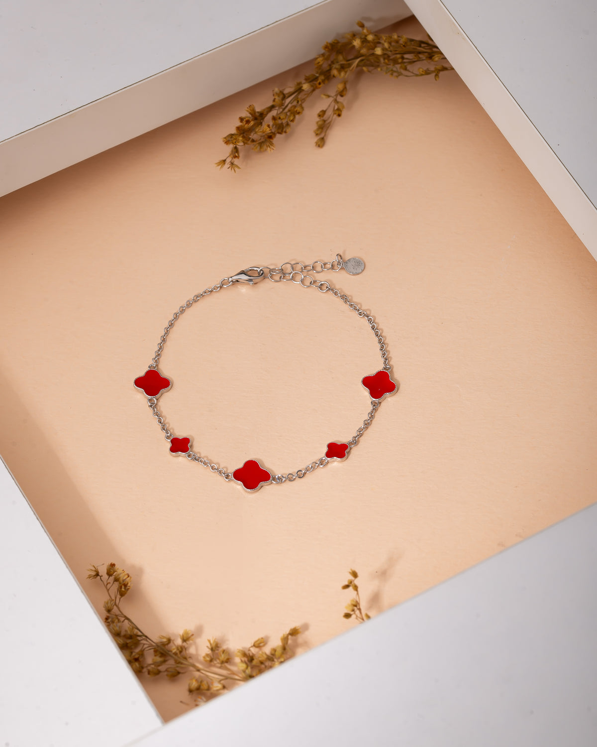 Rhodium Red Enameled Clover Charm Bracelet in 925 sterling silver - view 2