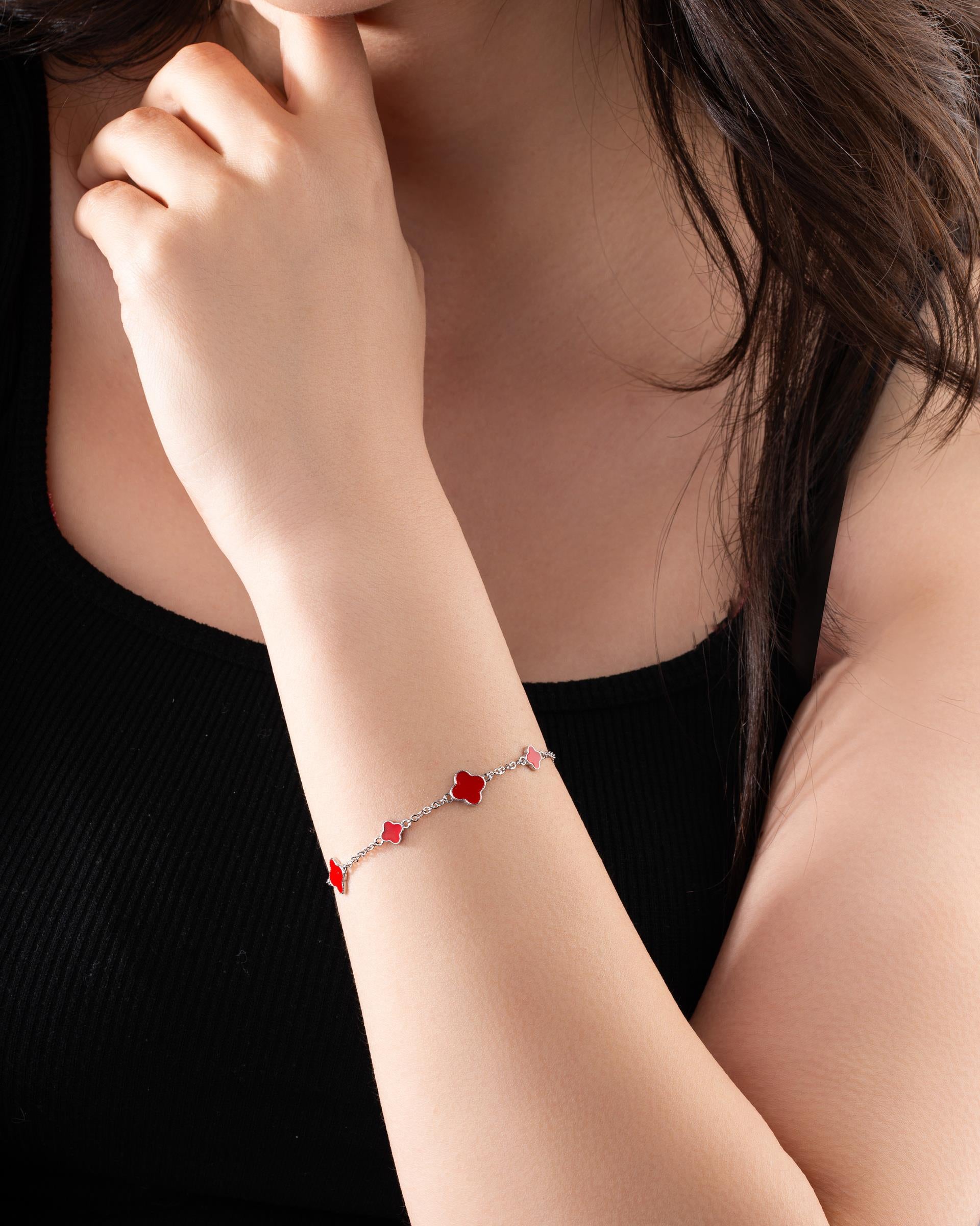 Red Enamel Clover Charm Bracelet Rhodium Plated Silver