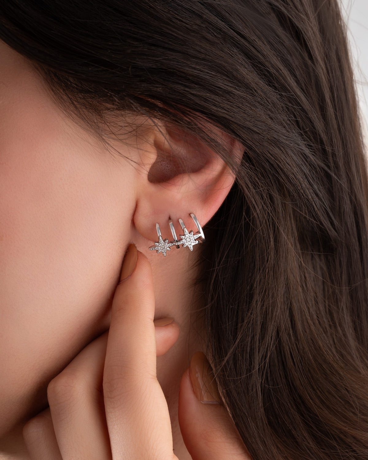North Star Double Piercing Look Zircon Studs | 925 Silver
