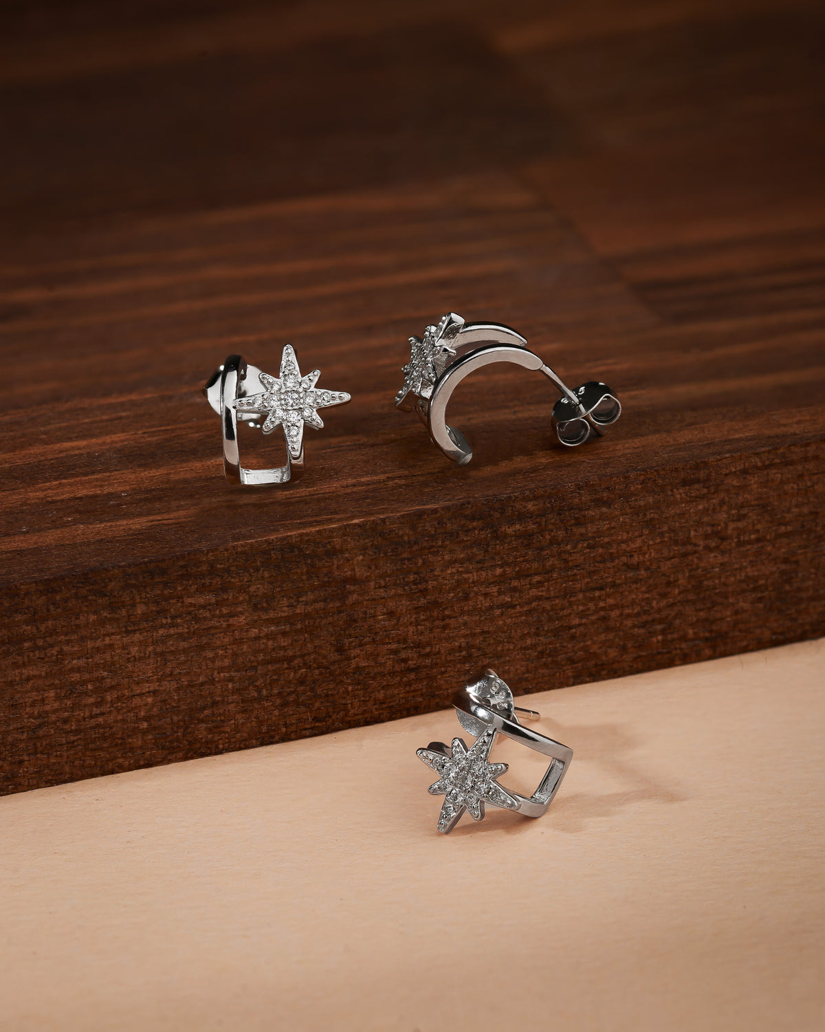 North Star Double Piercing Look Zircon Studs | 925 Silver