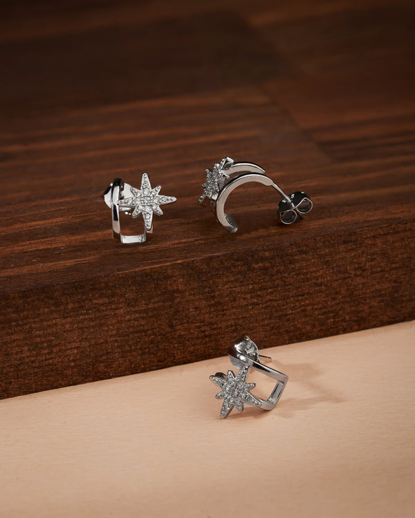 925 Sterling Silver Rhodium-Plated North Star Stud Earrings (Piercing Look, Double Wear)