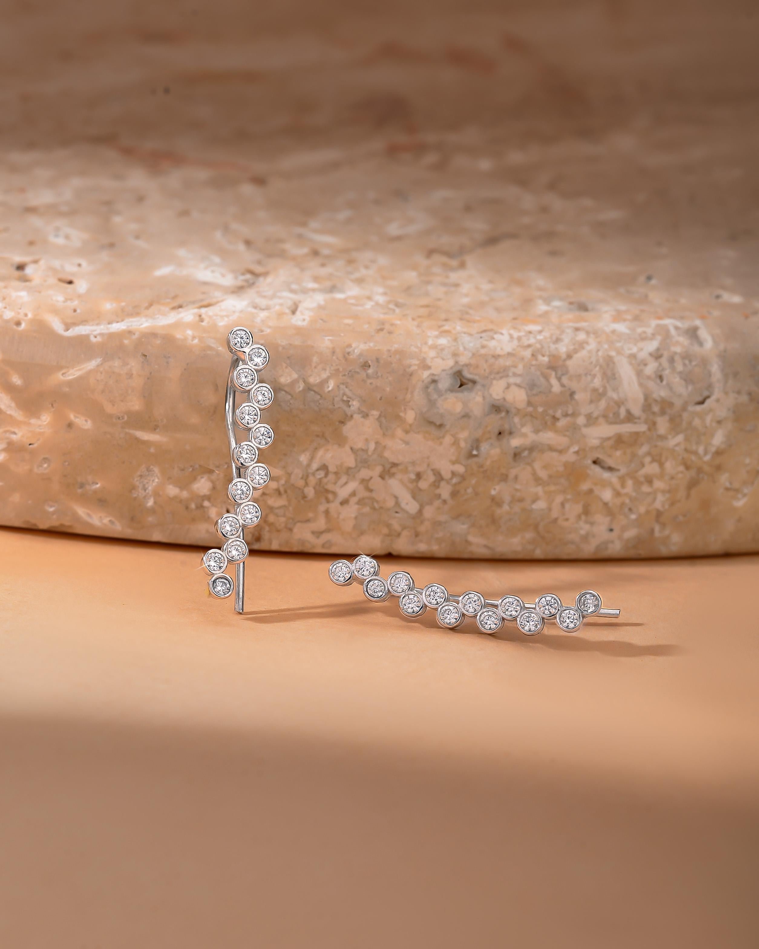 Special Modern Design Row Horizontal Ivy Earrings Rhodium Plated Silver