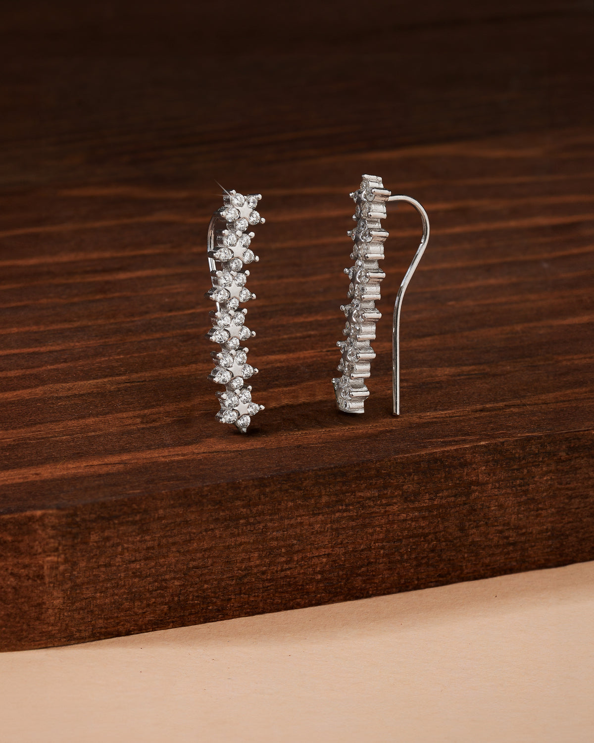 Rhodium Star Line Ear Climber Crawler Earrings | 925 Silver
