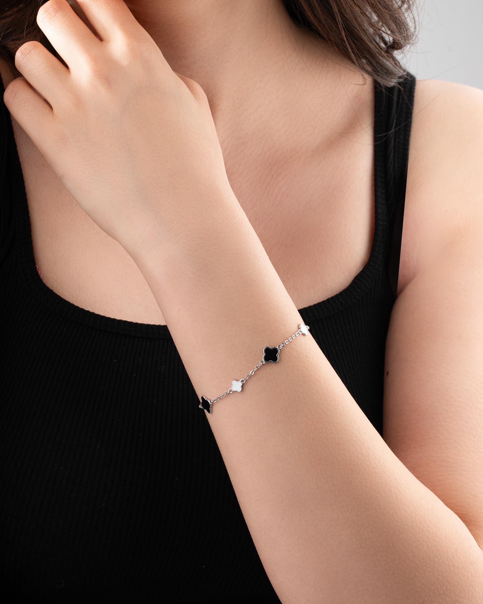 Black and White Enamel Clover Charm Bracelet Rhodium Plated Silver