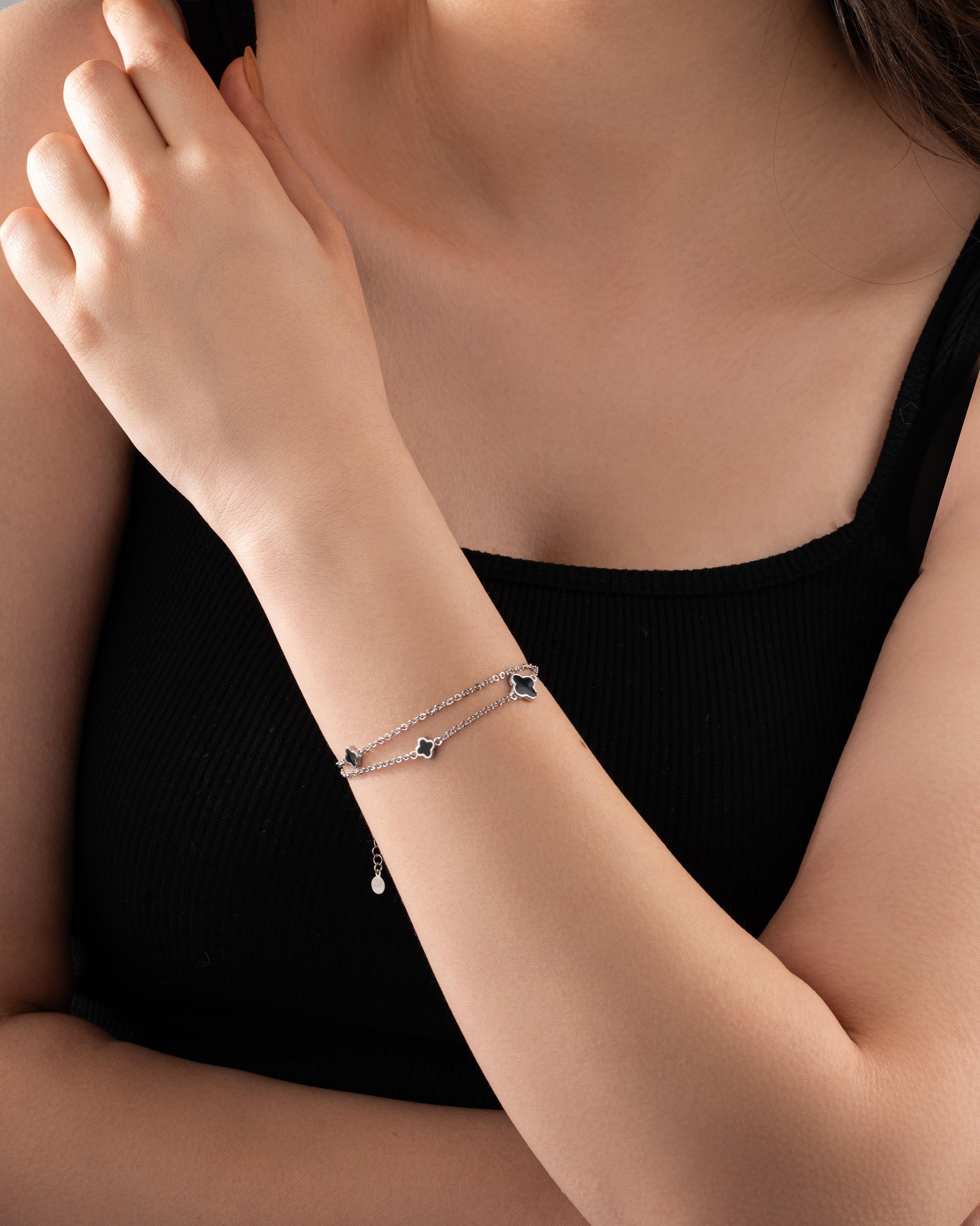 Black Enamel Two Row Clover Charm Bracelet Rhodium Plated Silver