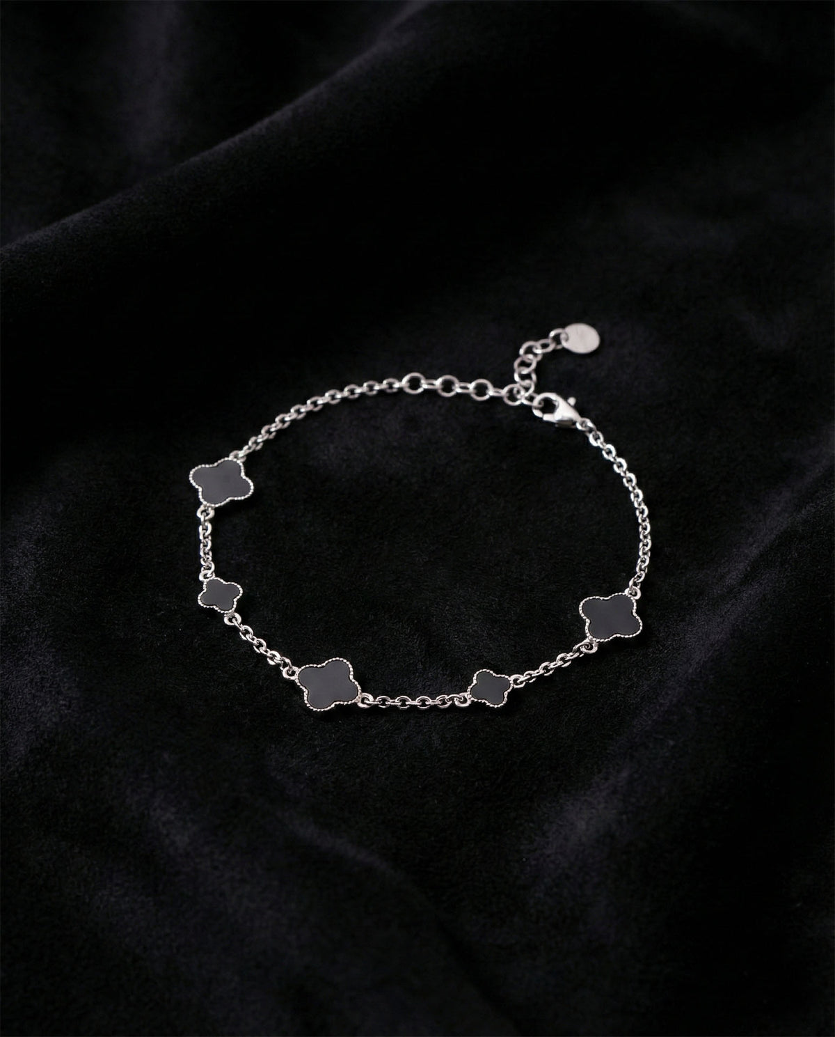 Rhodium Black Enameled Clover Charm Bracelet in 925 sterling silver