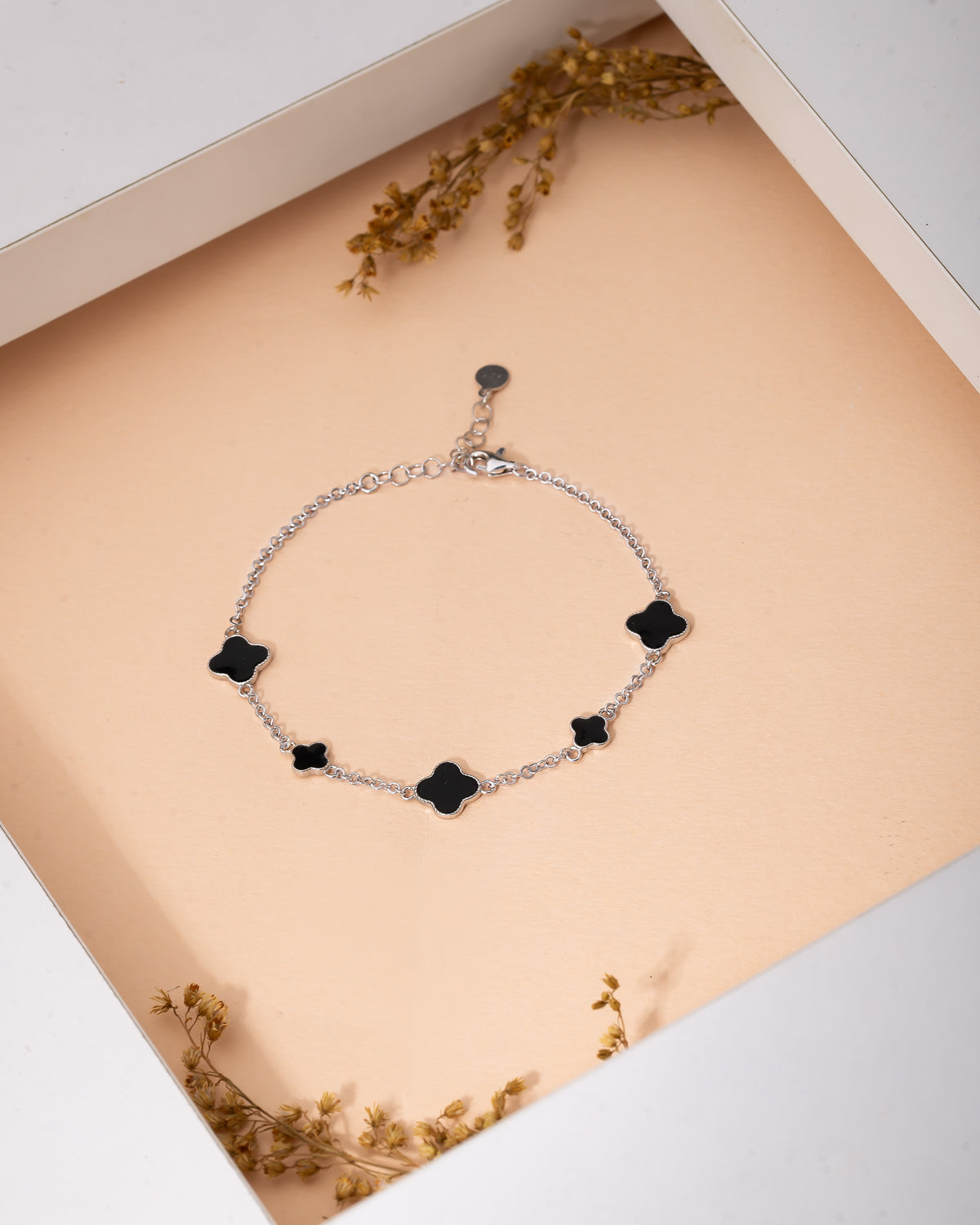 Rhodium Black Enameled Clover Charm Bracelet in 925 sterling silver - view 2