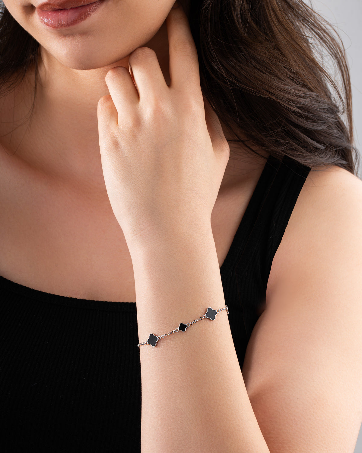 Rhodium Black Enameled Clover Charm Bracelet in 925 sterling silver - view 3