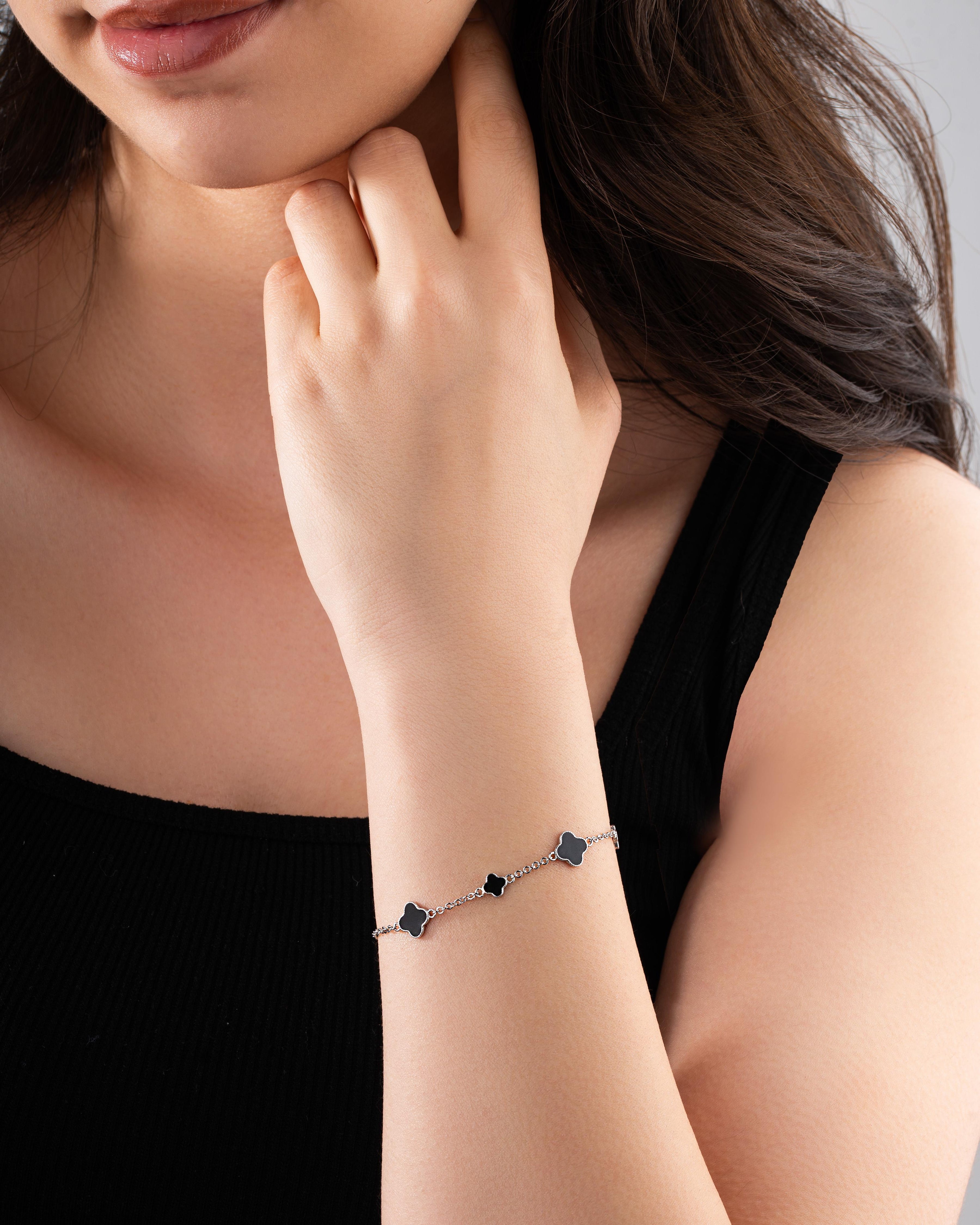 Black Enamel Clover Charm Bracelet Rhodium Plated Silver