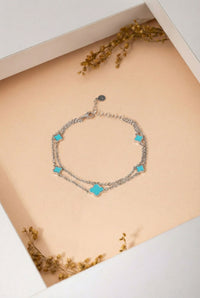 925 Sterling Silver Rhodium Plated Turquoise Enamel Two-Row Clover Charm Bracelet