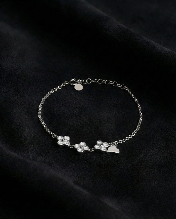 Armband mit dreifachem Blumen- & Herz-Anhänger aus Zirkonia | 925er Silber