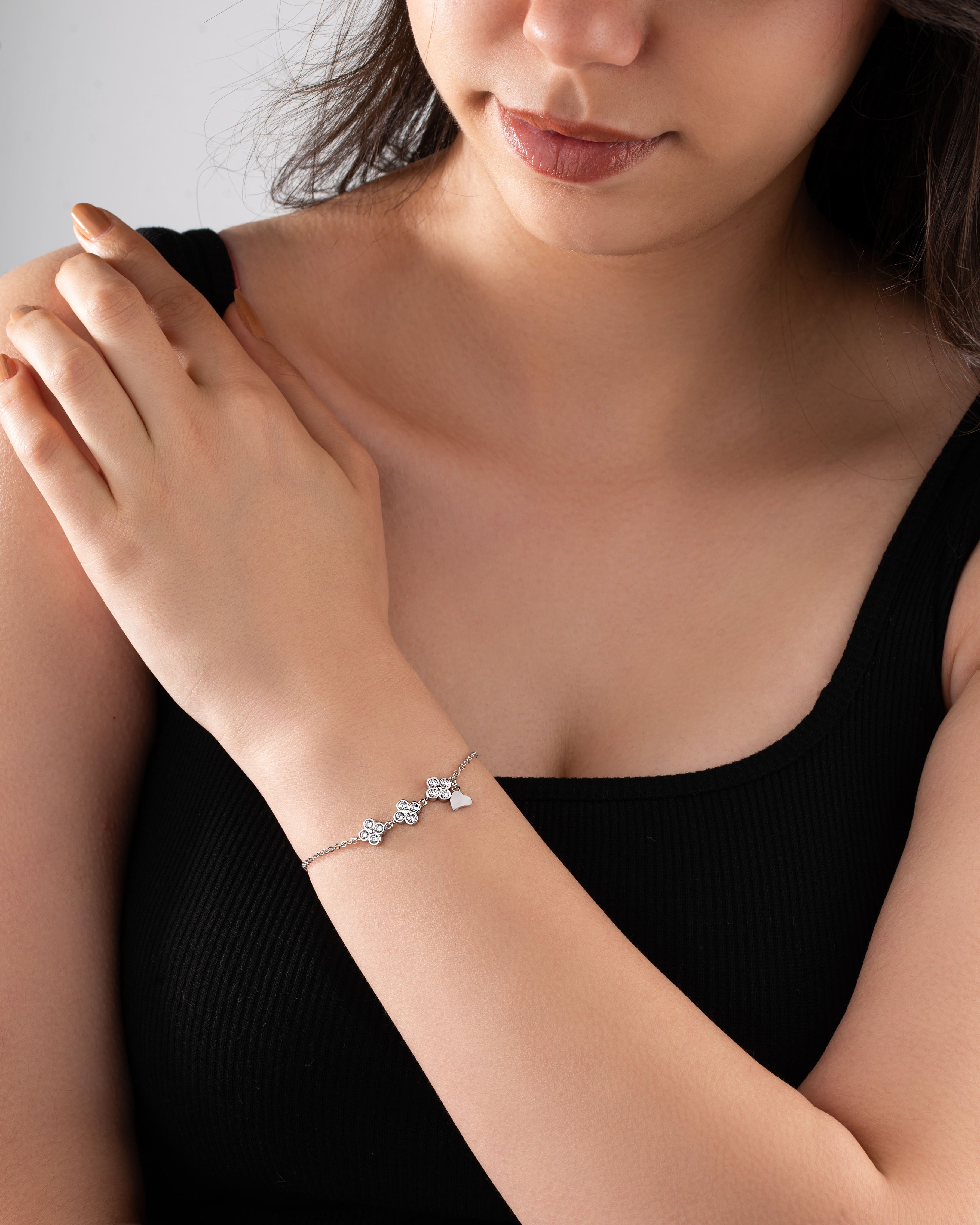 Trio Flower Heart Charm Bracelet Rhodium Plated Silver