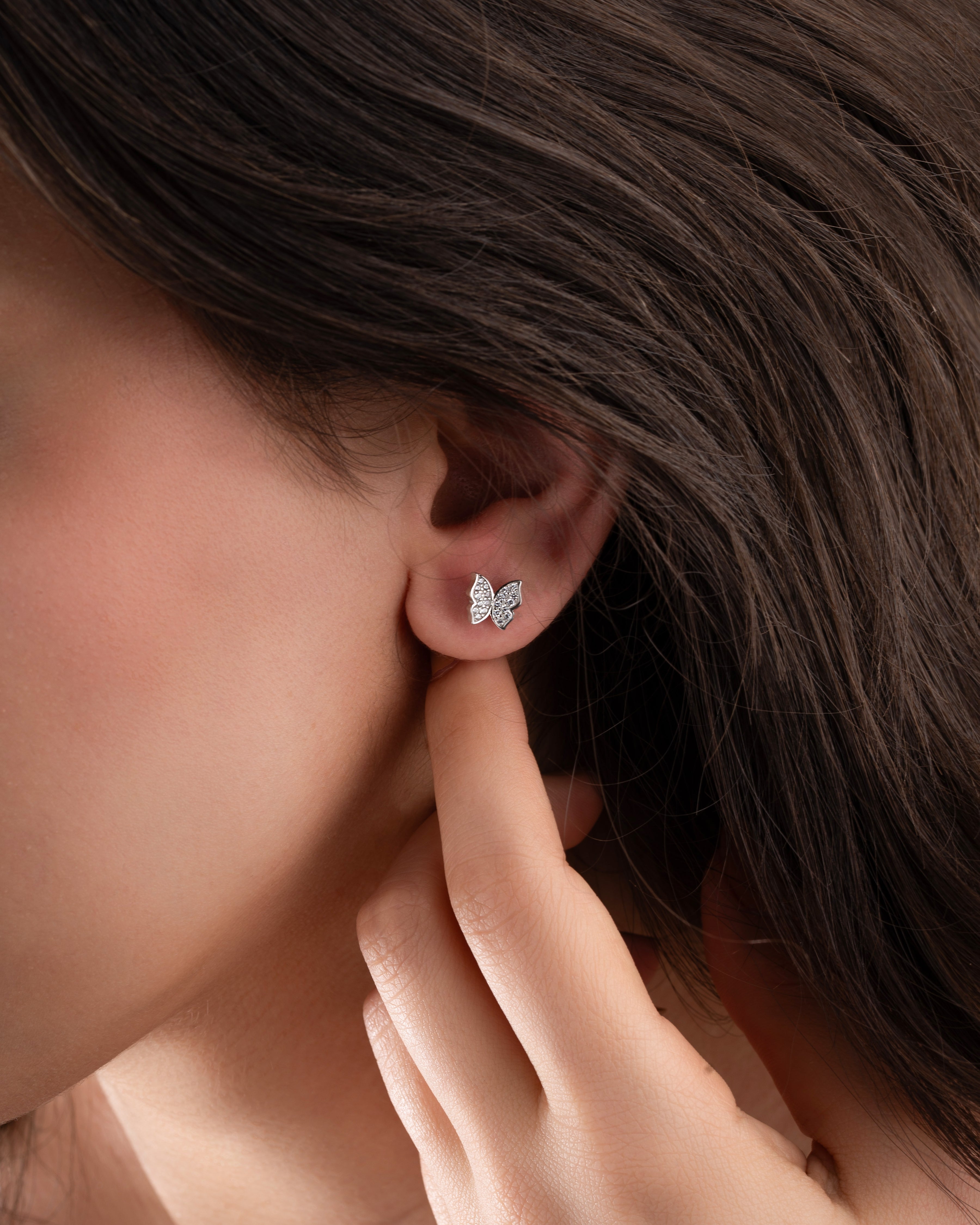 CZ 3D Butterfly Stud Earrings Rhodium Plated Silver