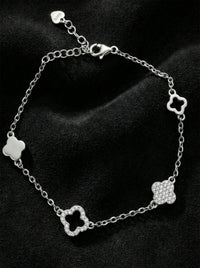 925 Sterling Silver Rhodium Plated Zircon Stone Four-Row Clover Elegant Bracelet