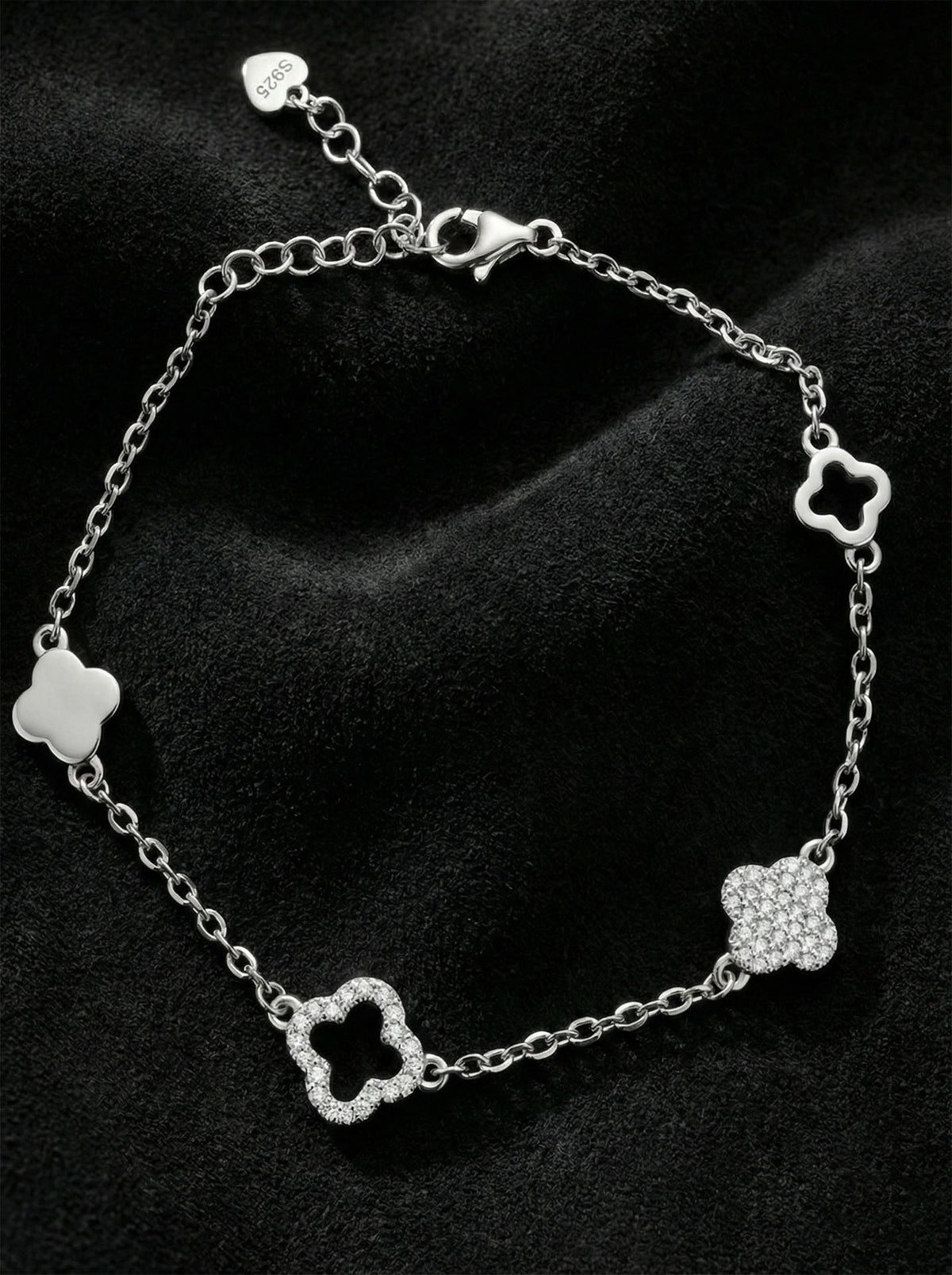 Rhodium Plated Four-Clover Zircon Bracelet in 925 sterling silver