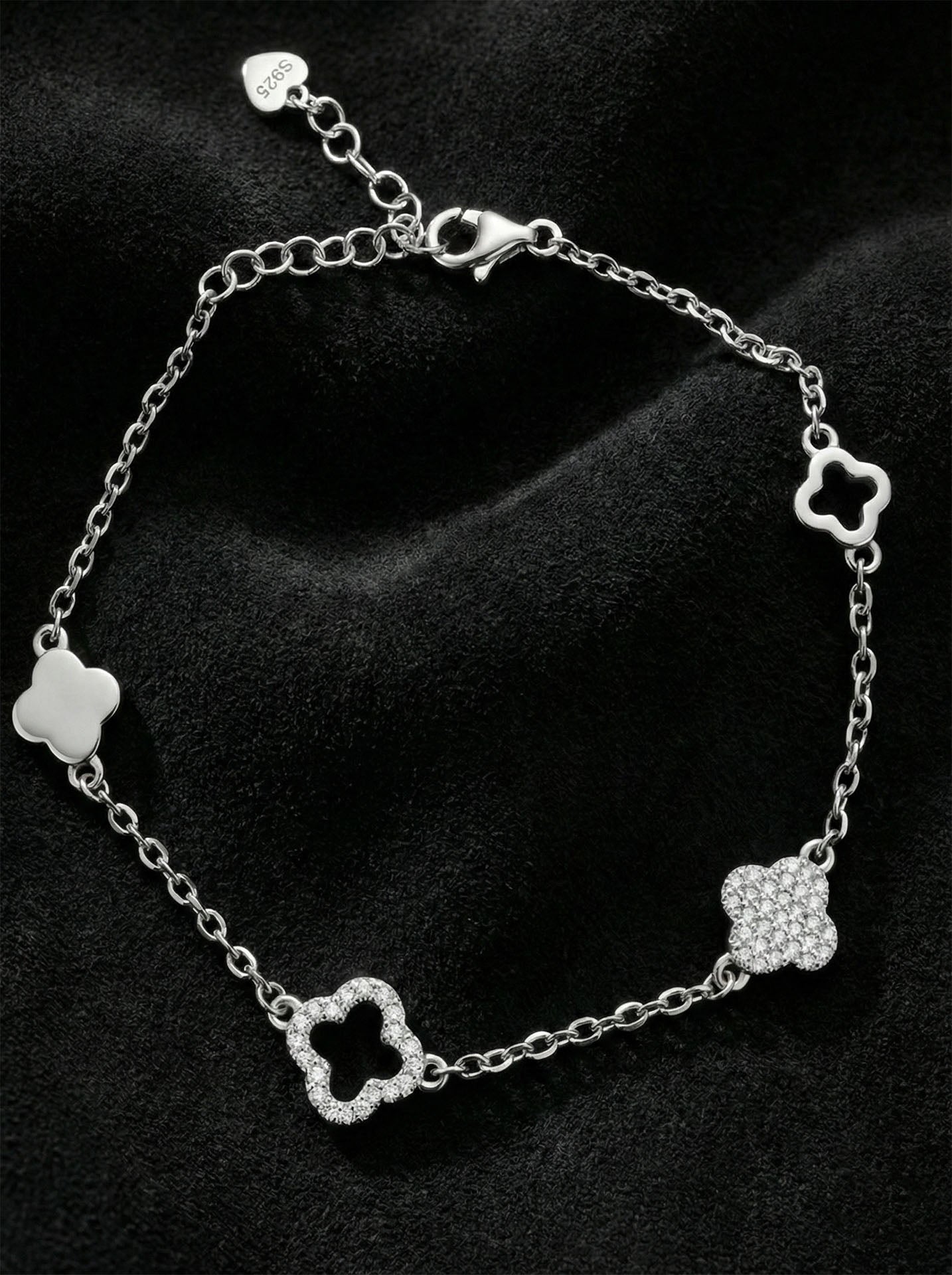 925 Sterling Silver Rhodium Plated Zircon Stone Four-Row Clover Elegant Bracelet