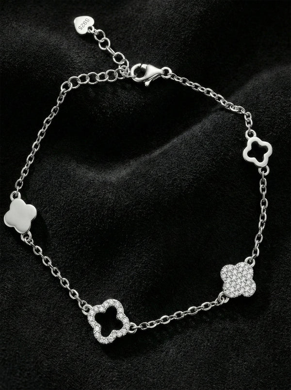 925 Sterling Silver Rhodium Plated Zircon Stone Four-Row Clover Elegant Bracelet