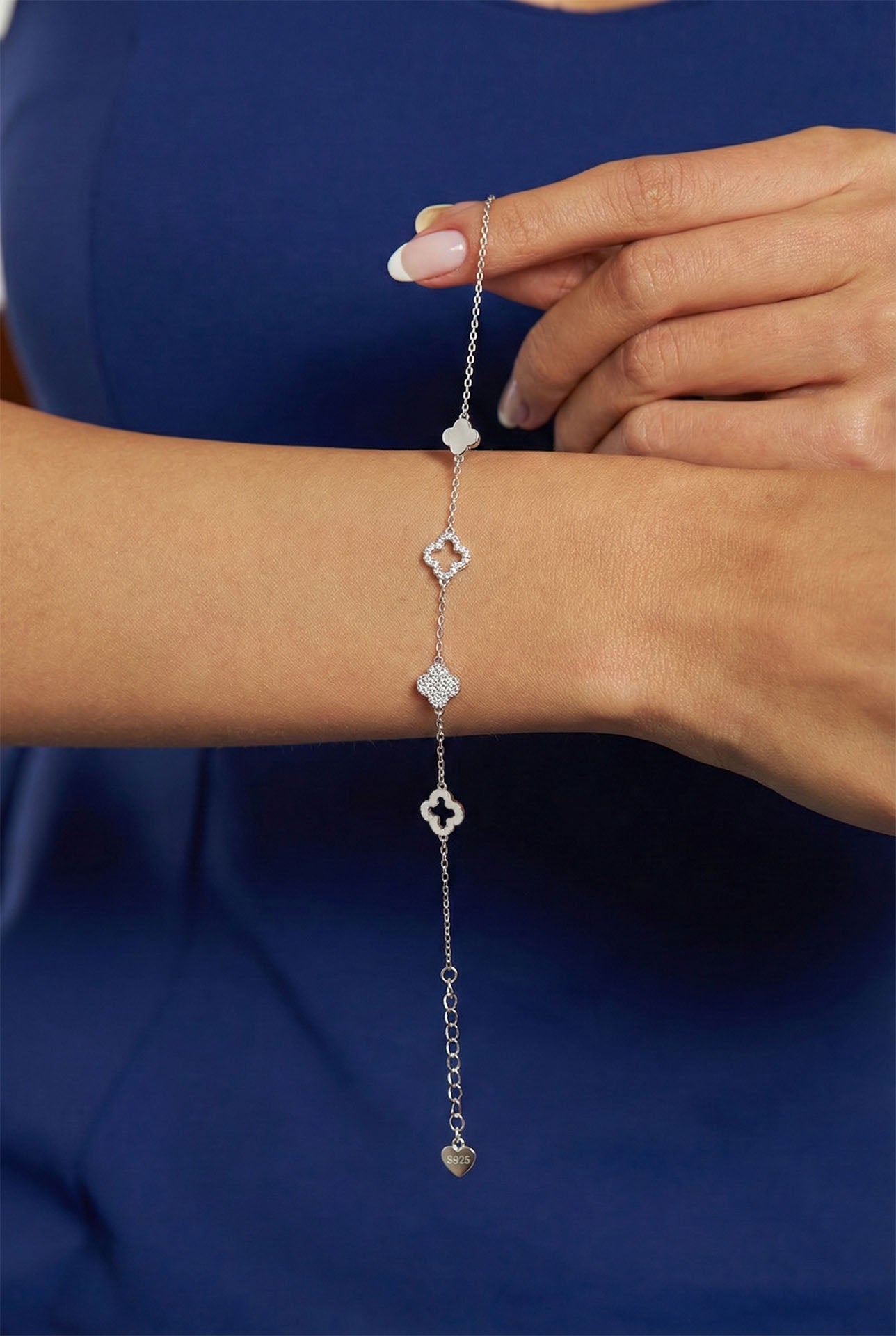 CZ Four Row Clover Elegant Bracelet Rhodium Plated Silver