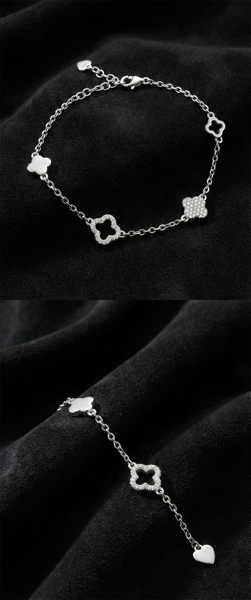CZ Four Row Clover Elegant Bracelet Rhodium Plated Silver