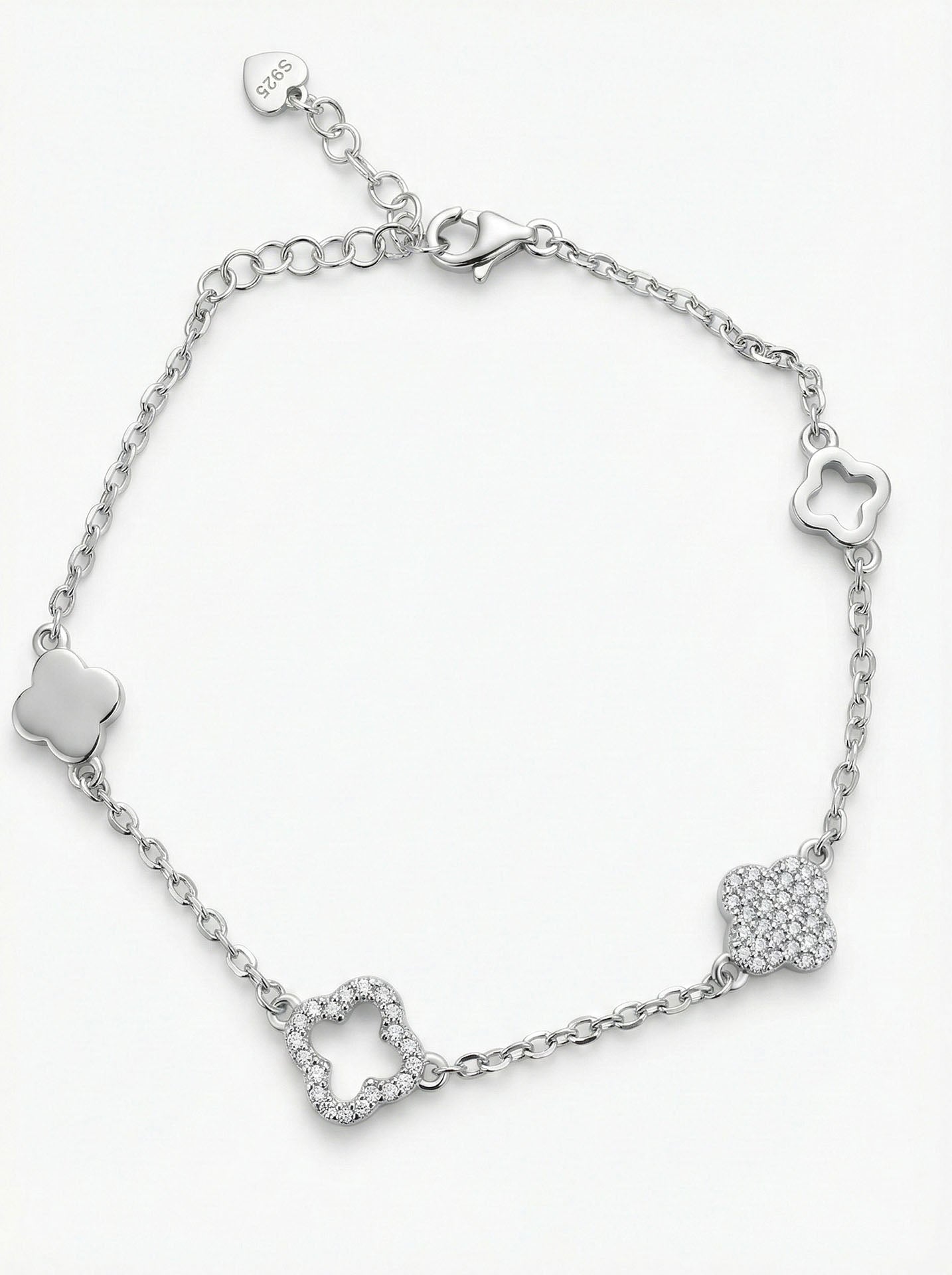 CZ Four Row Clover Elegant Bracelet Rhodium Plated Silver