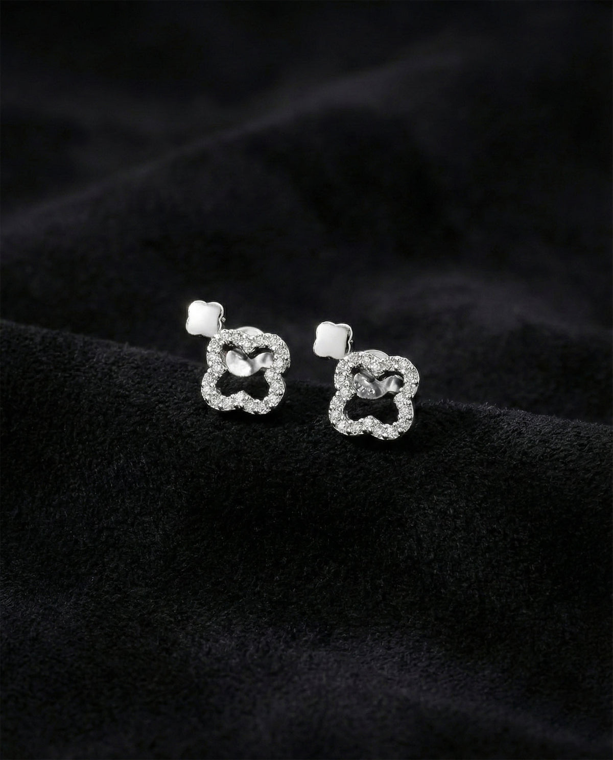 Rhodium Four Leaf Clover Zircon Stud Earrings in 925 sterling silver