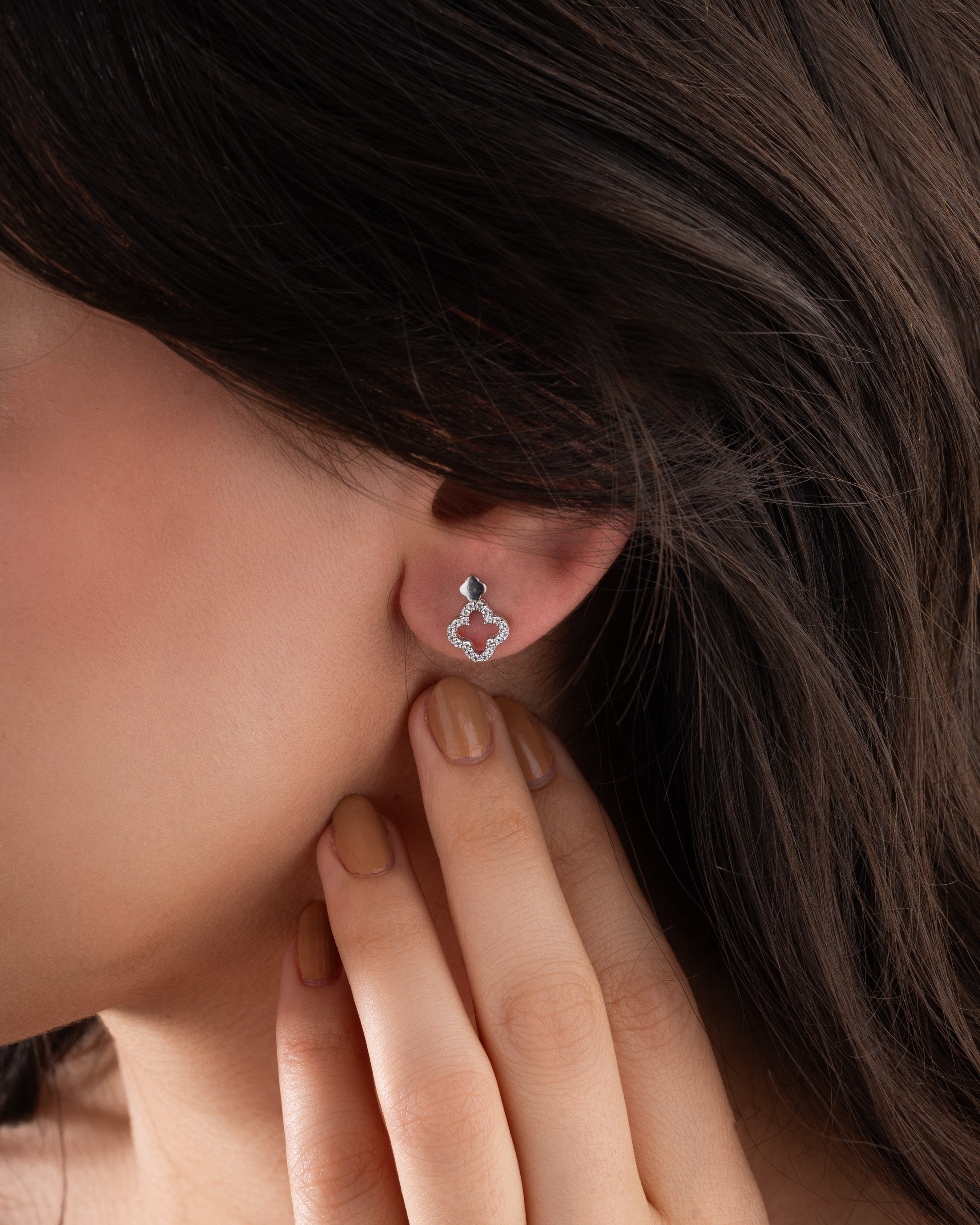 CZ Four Leaf Clover Chic Stud Earrings Rhodium Plated Silver