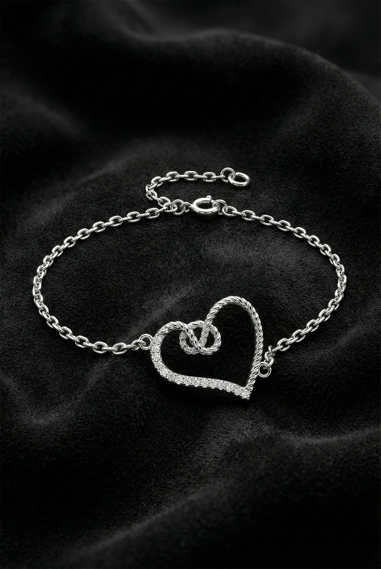 925 Sterling Silver Rhodium Plated Zircon Stone Knot Heart Bracelet