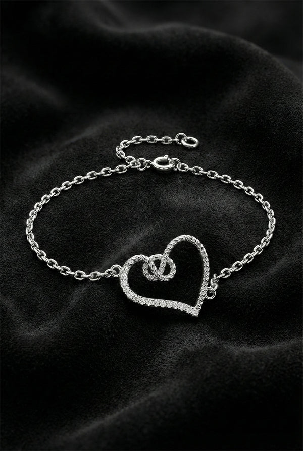 925 Sterling Silver Rhodium Plated Zircon Stone Knot Heart Bracelet