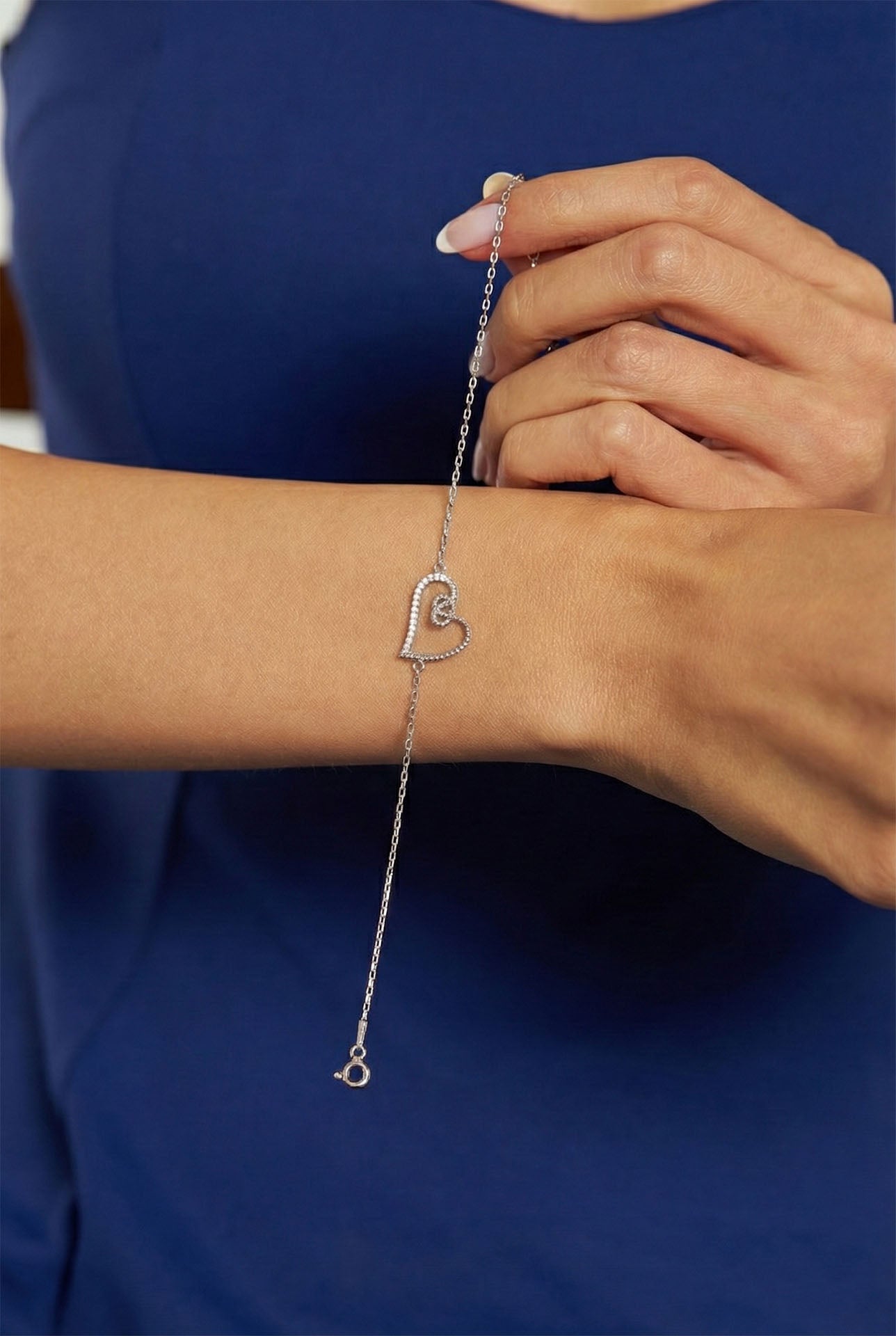CZ Knot Heart Bracelet Rhodium Plated Silver