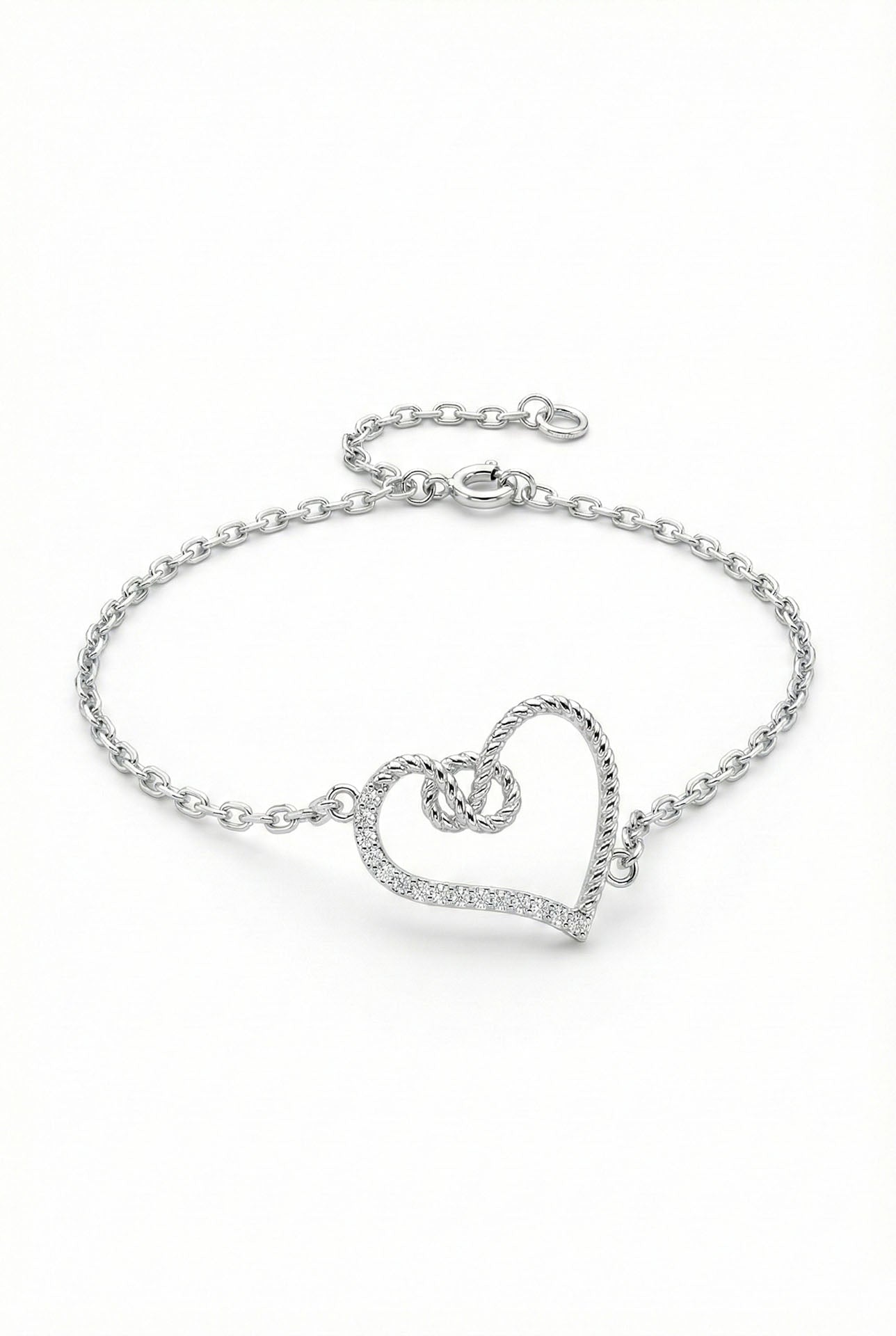 CZ Knot Heart Bracelet Rhodium Plated Silver