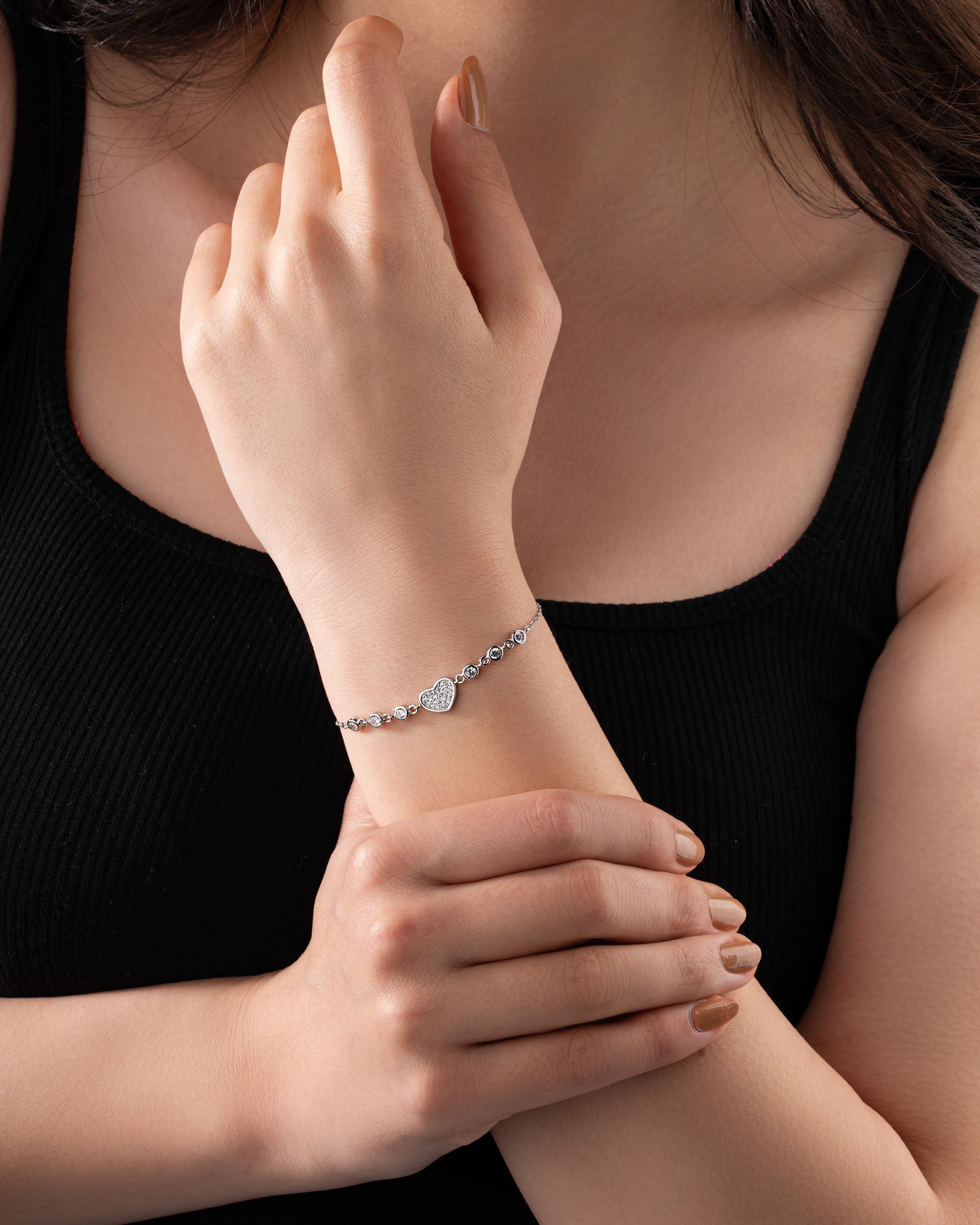CZ Heart Bracelet Rhodium Plated Silver
