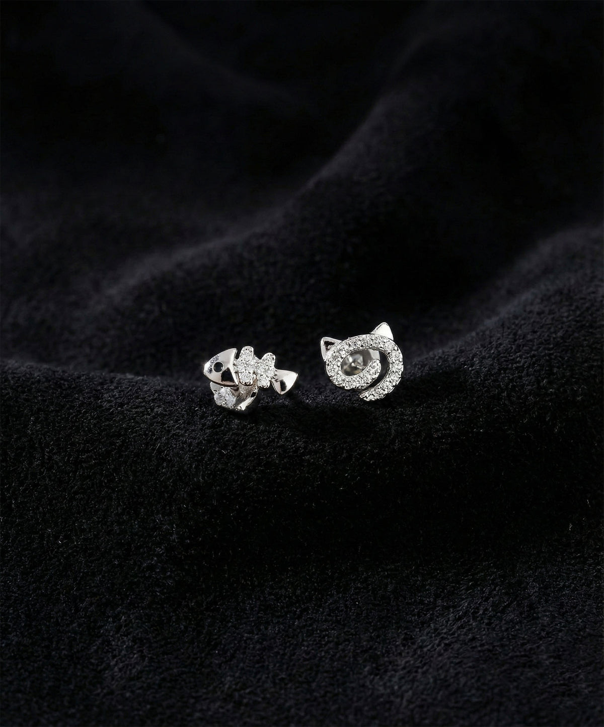 Cute Cat and Fish Bone Zircon Asymmetric Studs in 925 sterling silver