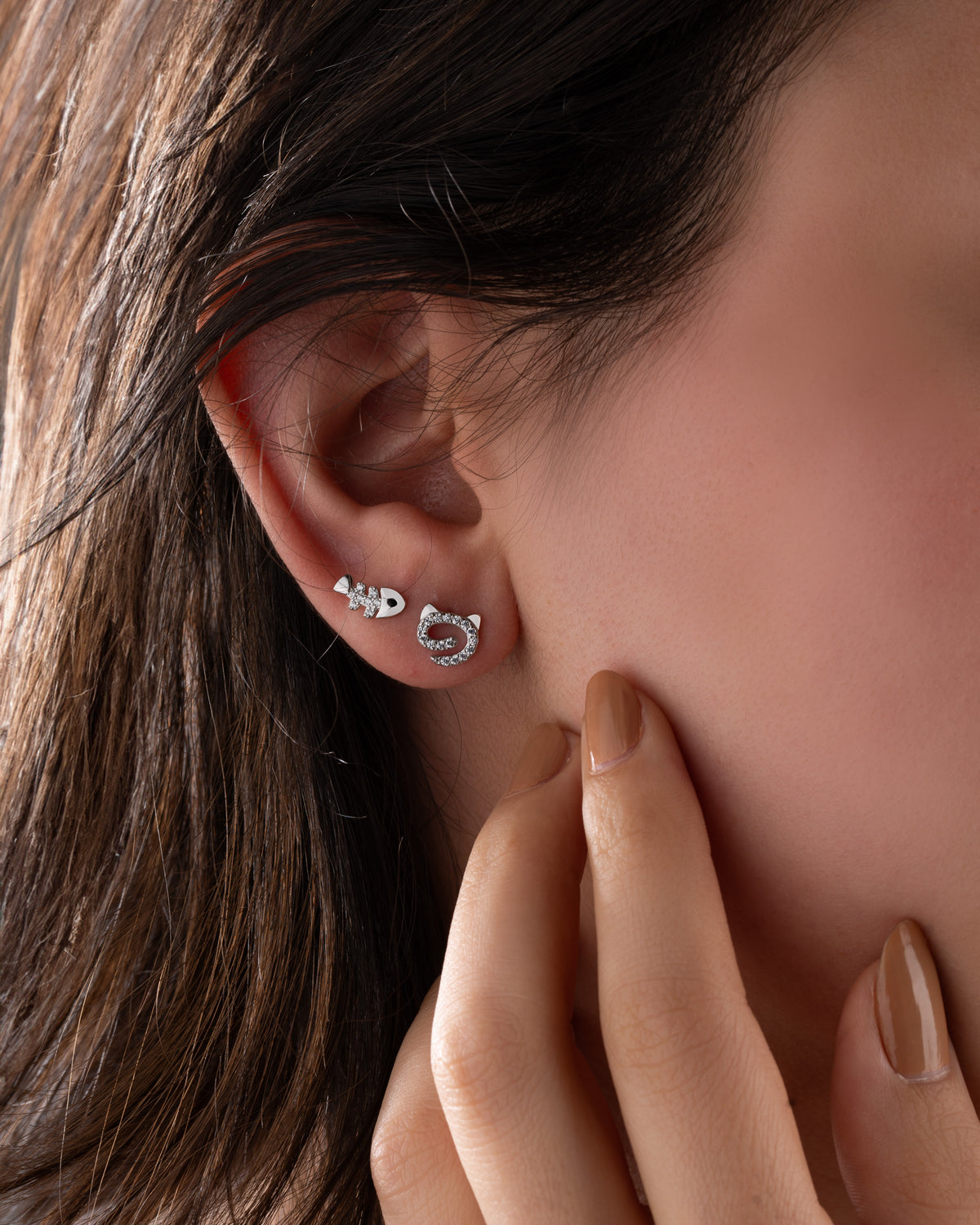 Cute Cat and Fish Bone Zircon Asymmetric Studs | 925 Silver