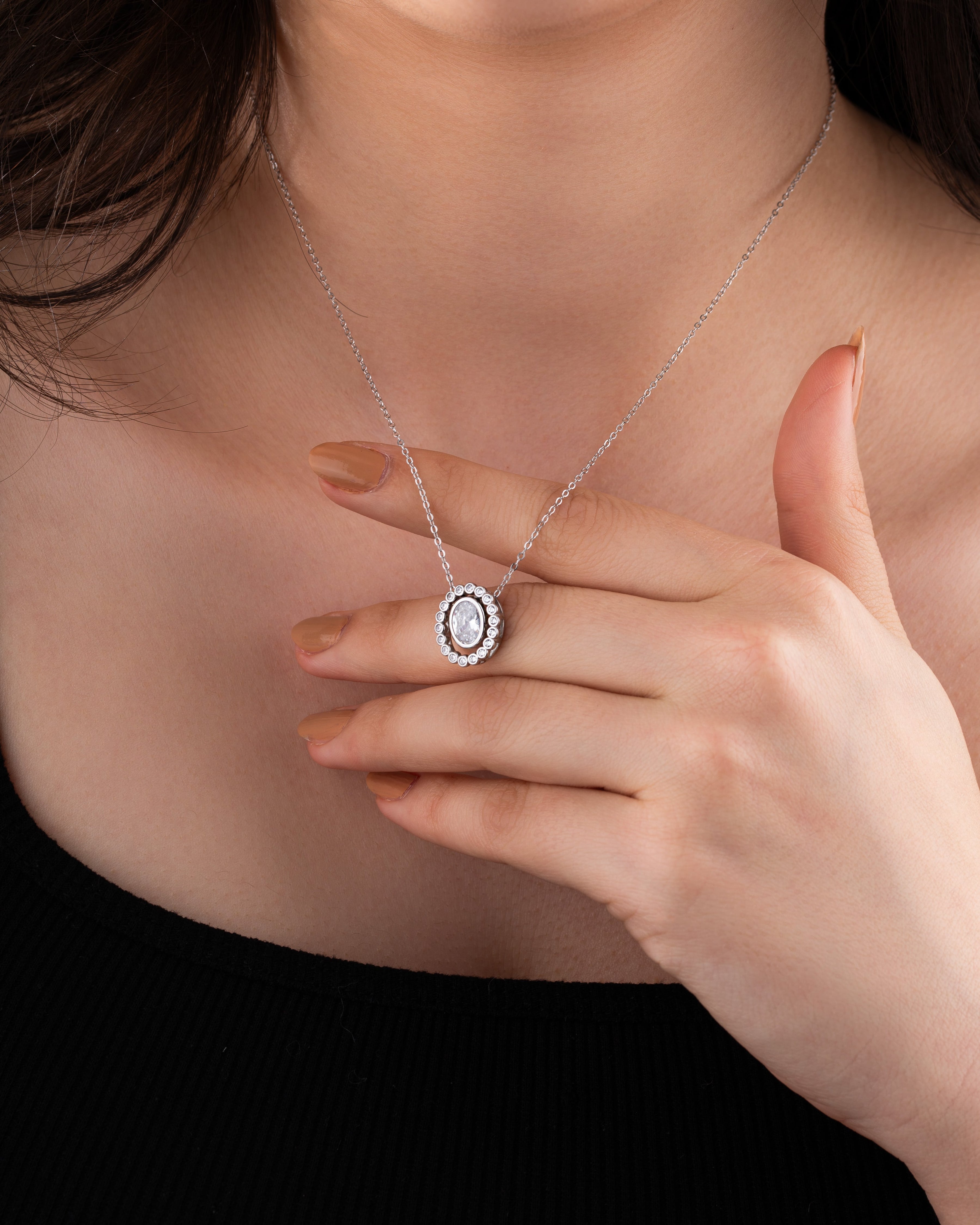 CZ Oval Halo Articulated Necklace Rhodium Plated Silver